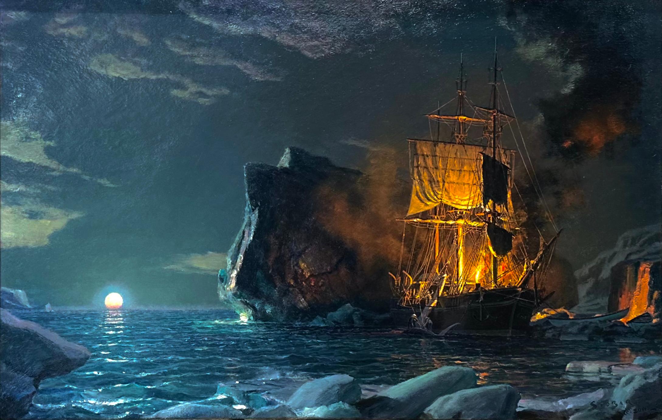 Landscape Painting di John Stobart - Il barcone "Black Eagle" che attraversa l'insenatura di Chesterfield