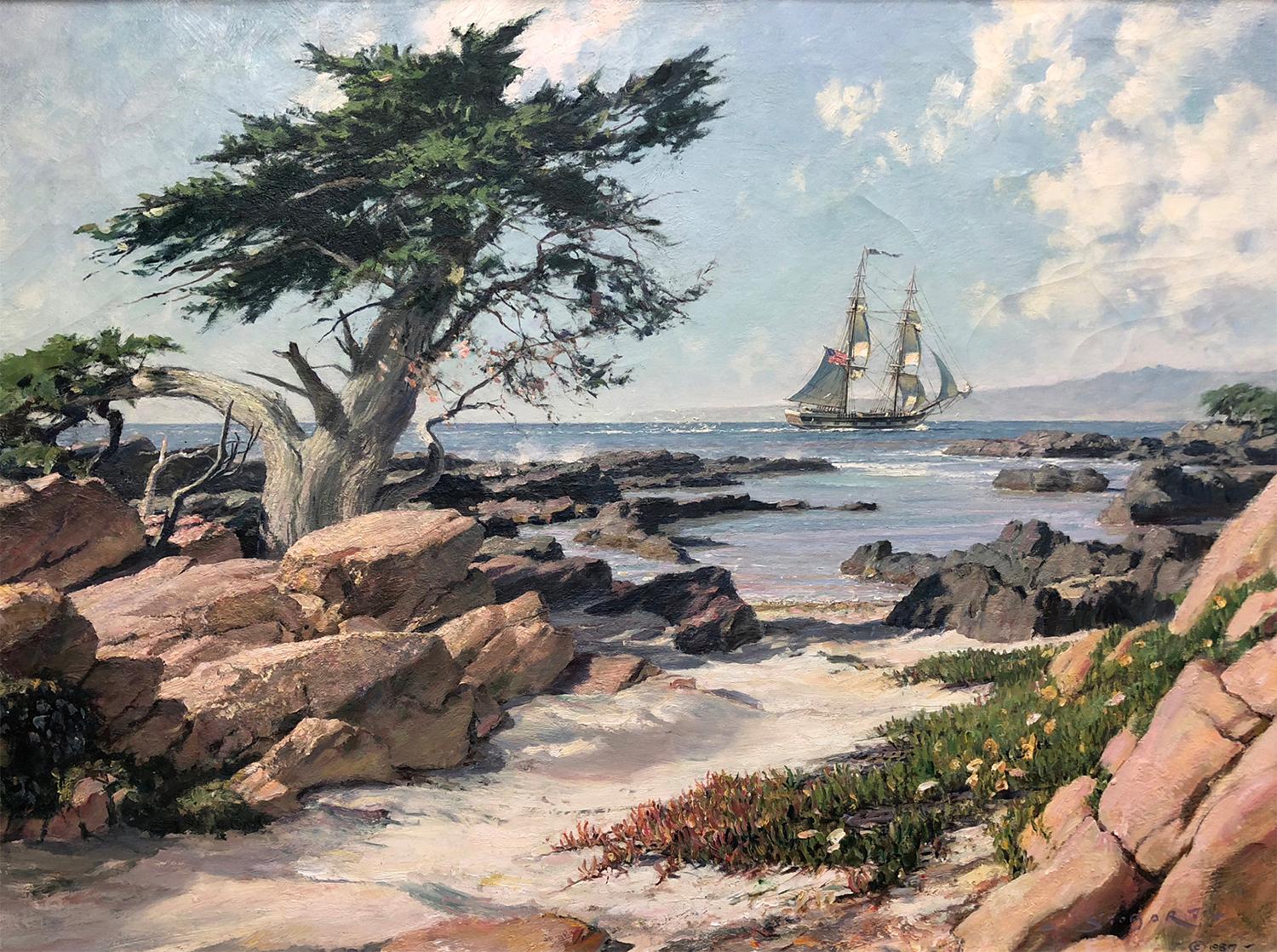 The Brig Pilgrim Entering Monterey - Painting by John Stobart