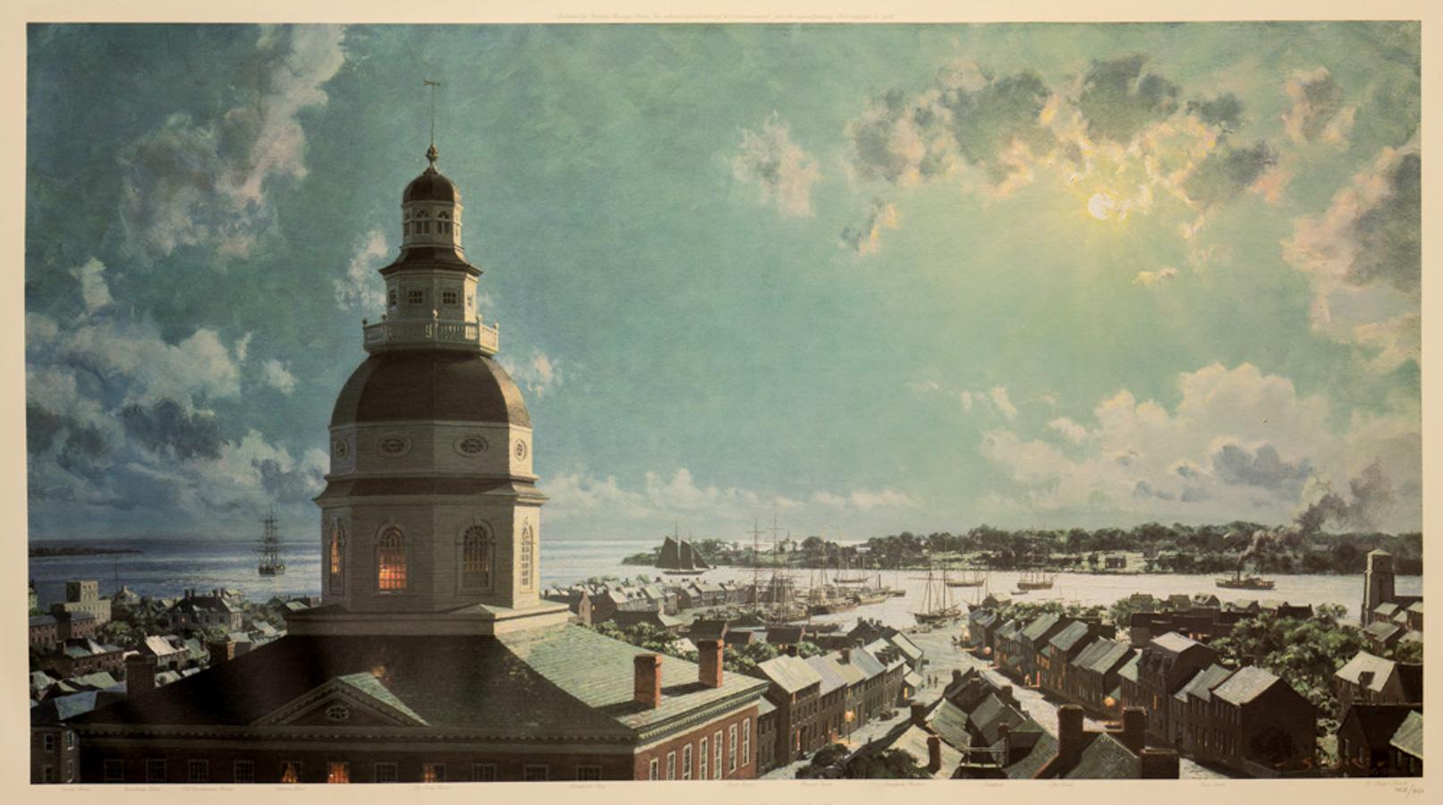 Annapolis. Moonlight Over the Maryland State House, Looking South, in 1860 - Print by John Stobart