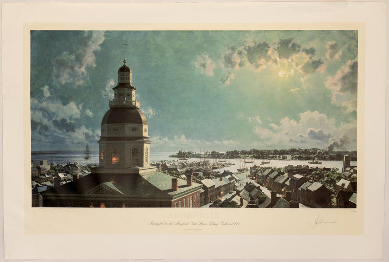 John Stobart Print - Annapolis. Moonlight Over the Maryland State House, Looking South, in 1860