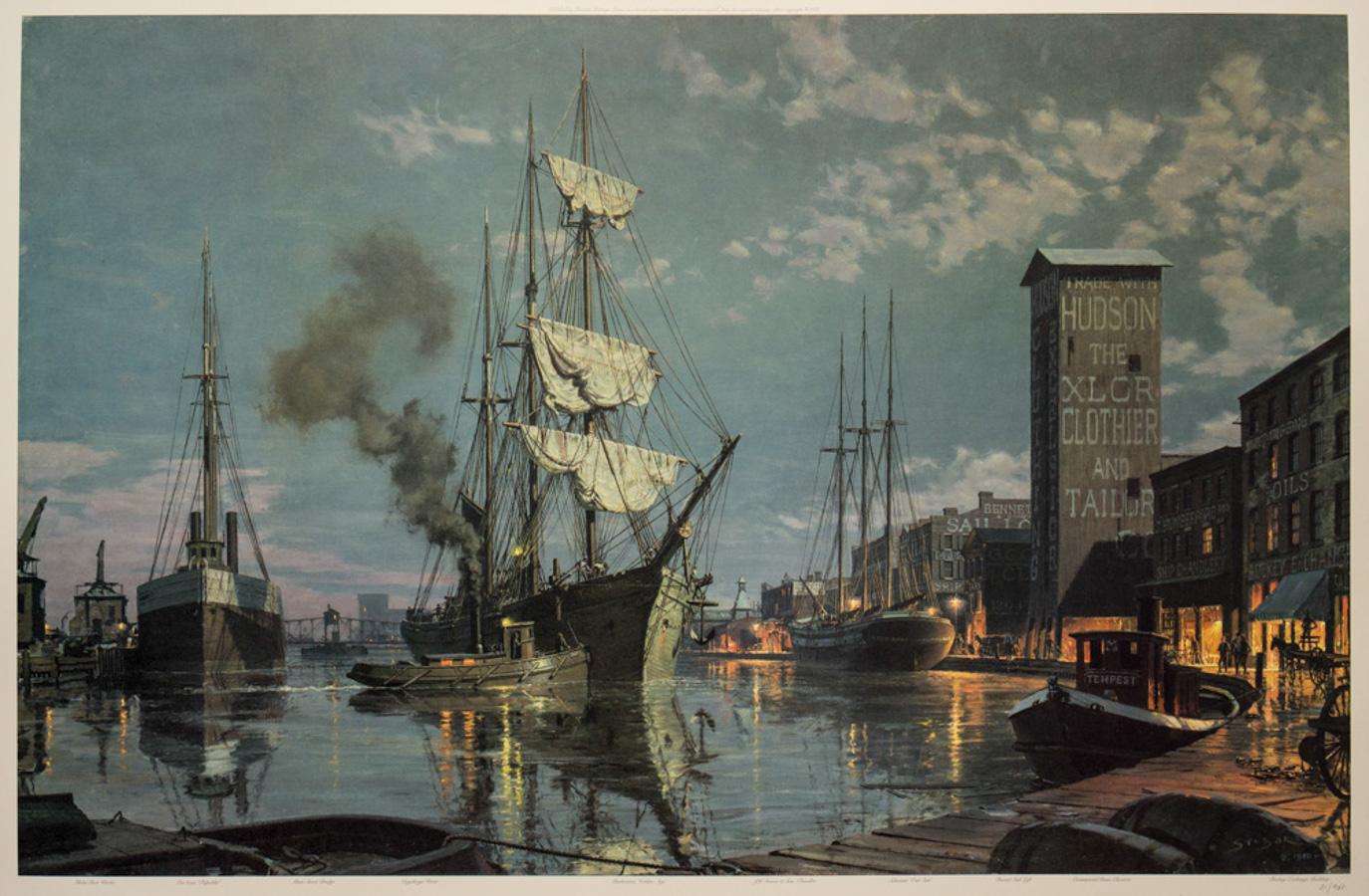 Cleveland. Moonlight Arrival on the Cuyahoga ca. 1876 - Print by John Stobart