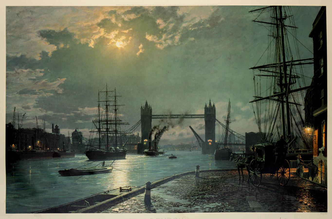 London.  Moonlight over the Lower Pool in 1897 - Print by John Stobart