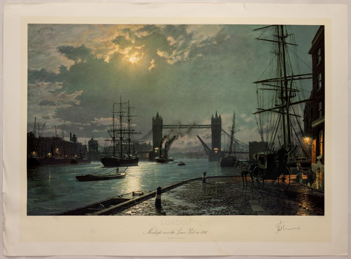 John Stobart Print - London.  Moonlight over the Lower Pool in 1897