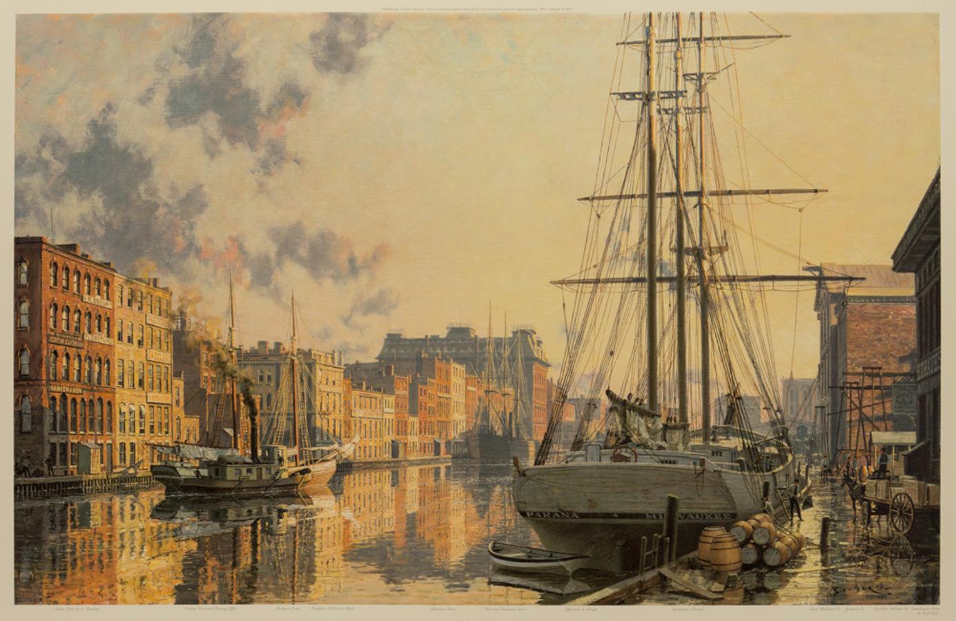 Milwaukee. A View of the Inner Harbor at Sunnset in 1880 - Print by John Stobart