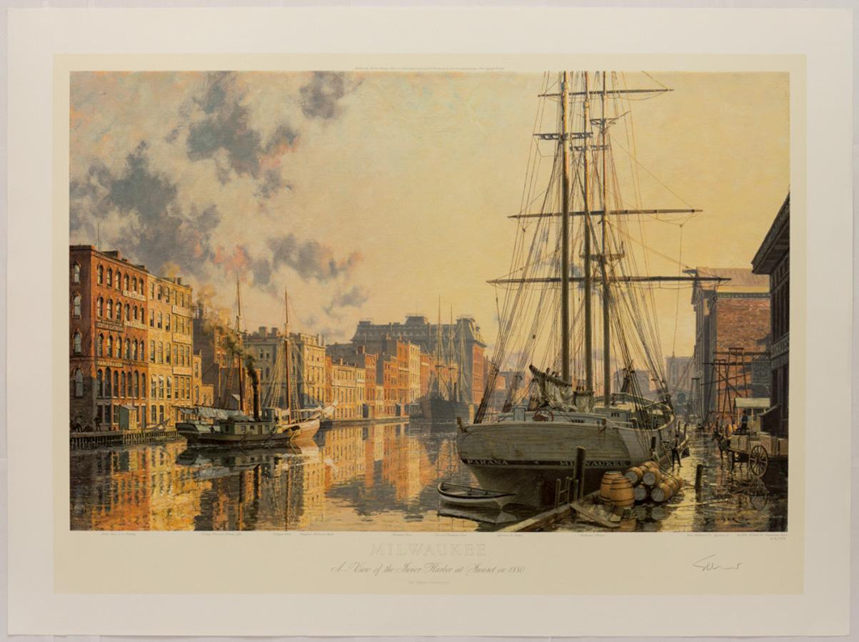 John Stobart Landscape Print - Milwaukee. A View of the Inner Harbor at Sunnset in 1880