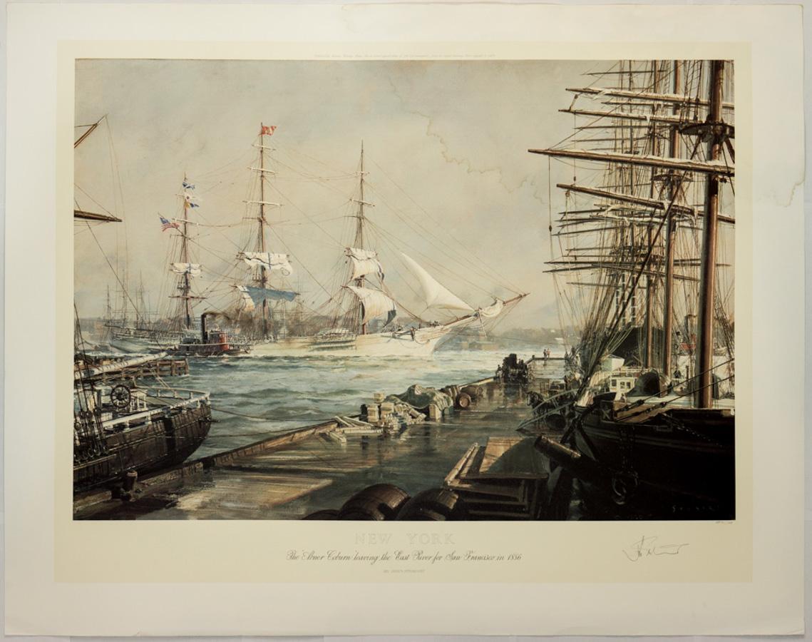John Stobart Landscape Print - New York.  The "Abner Coburn" leaving the East River for San Francisco in 1886