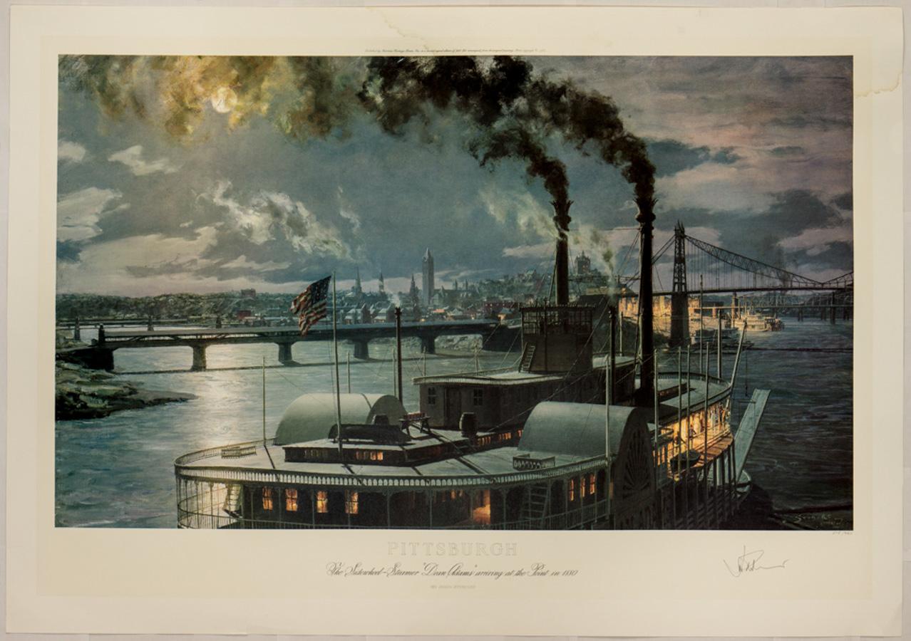 John Stobart Landscape Print - Pittsburgh. The Sidewheel-Steamer "Dean Adams" arriving at the Point in 1880