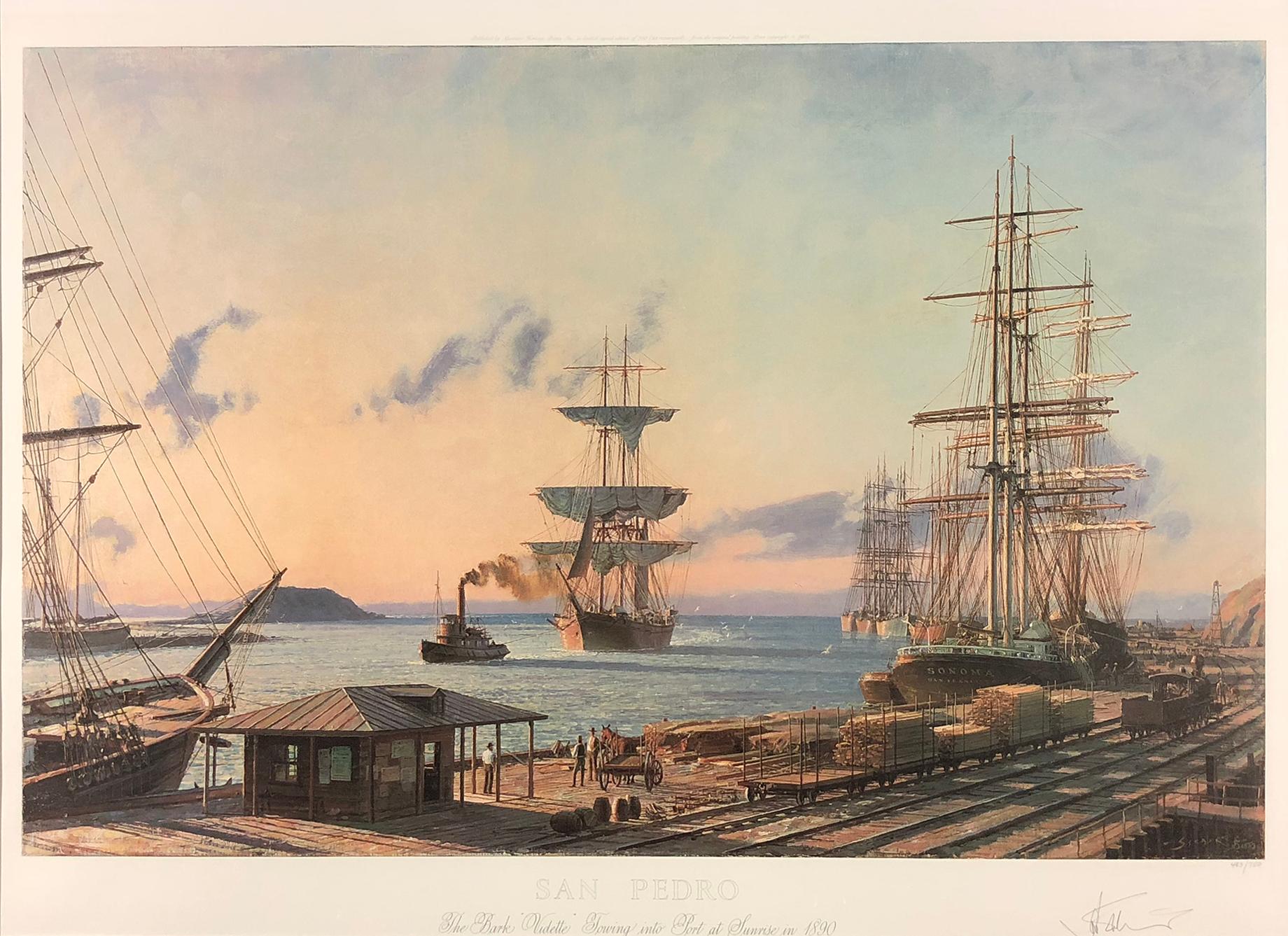 John Stobart Landscape Print - San Pedro, The Bark "Vidette" Towing into Port at Sunrise, 1890