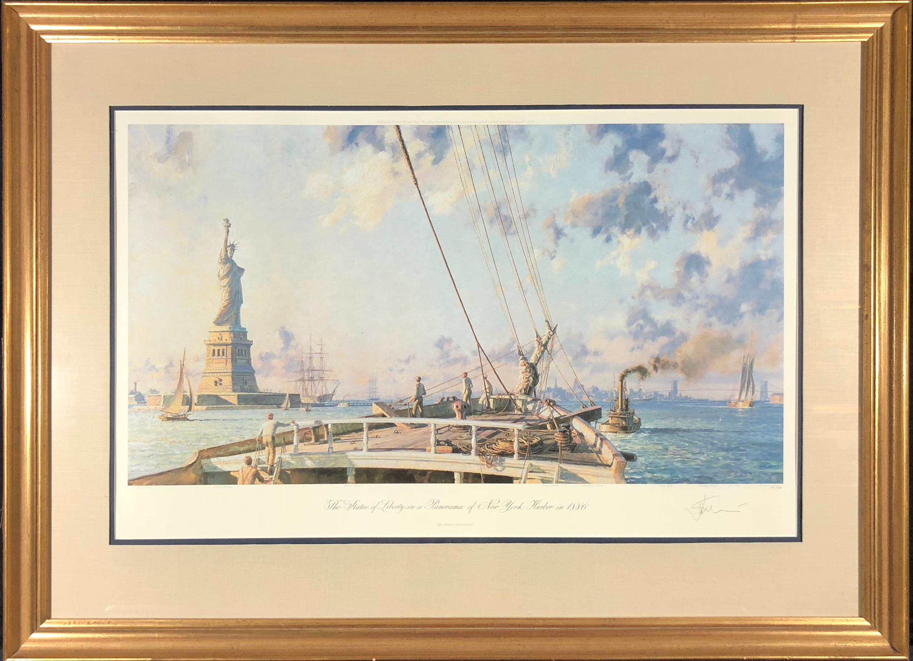 The Statue of Liberty in a Panorama of New York City in 1886 - Print by John Stobart