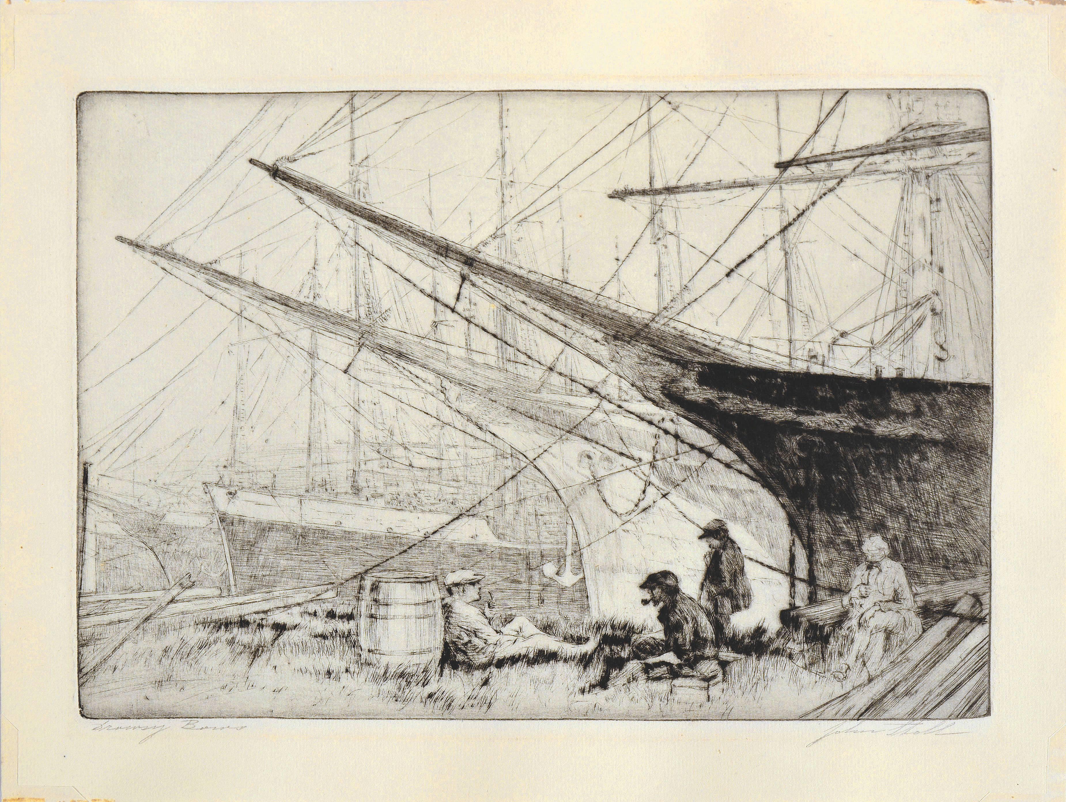 „“Drowsy Bums““ – figurative San Francisco Dock-Landschaft aus der Mitte des Jahrhunderts  – Print von John Stoll