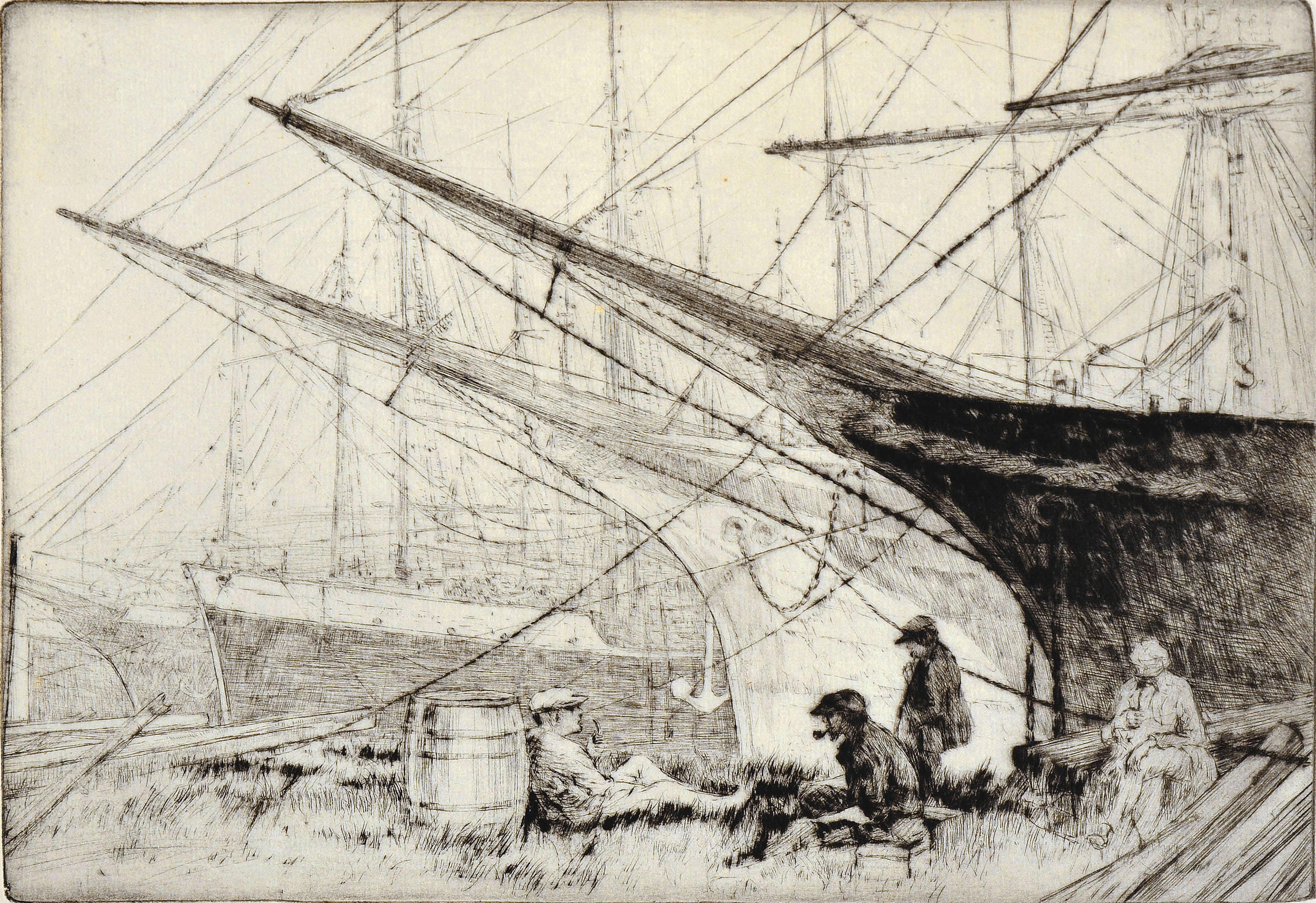 «rowsy Bums » - Paysage figuratif de chantier naval de San Francisco du milieu du siècle dernier  - Impressionnisme américain Print par John Stoll