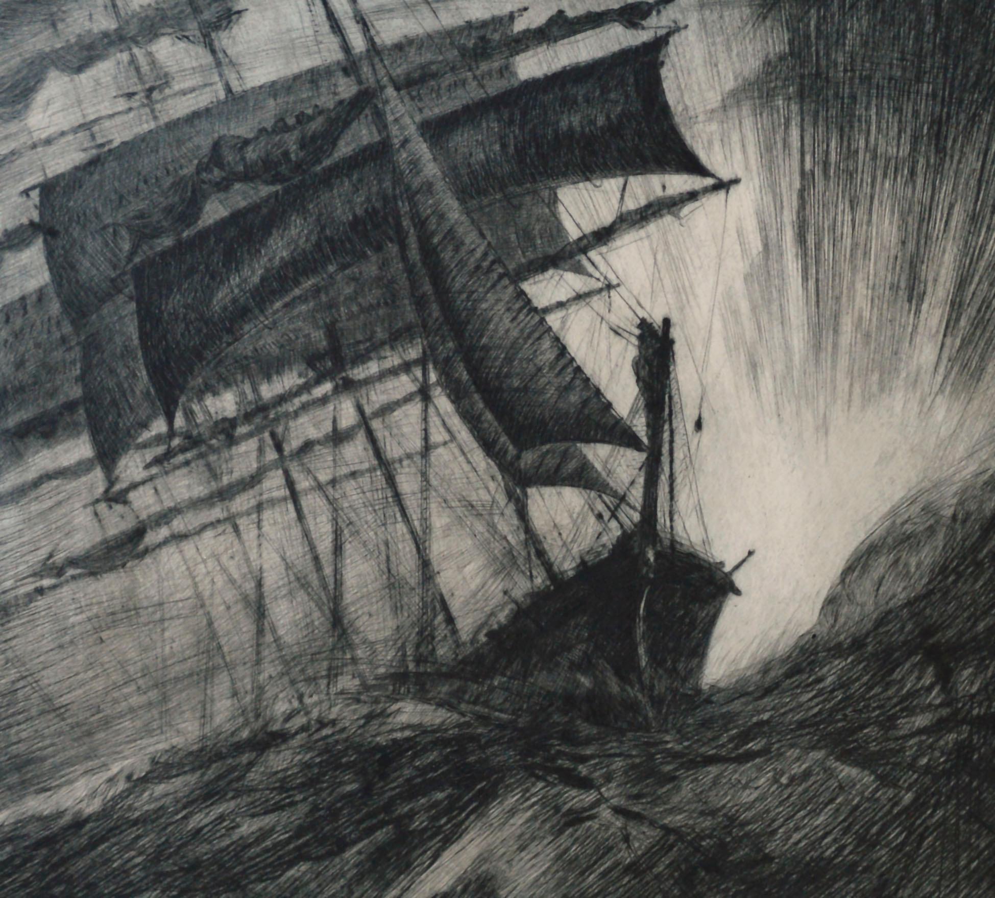 Mitte des Jahrhunderts Kap der Guten Hoffnung Seelandschaft Radierung  (Amerikanischer Impressionismus), Print, von John Stoll
