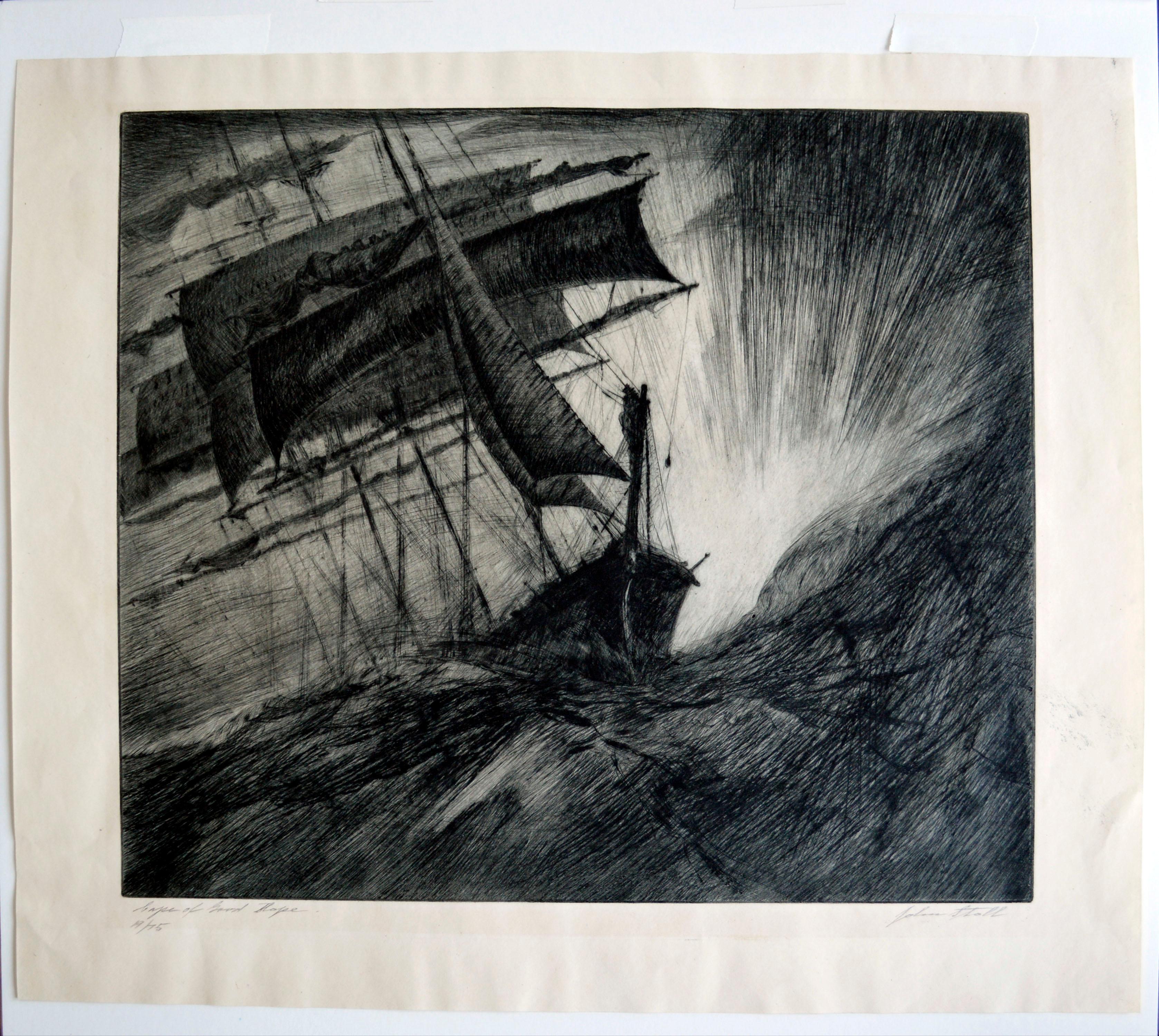 Mitte des Jahrhunderts Kap der Guten Hoffnung Seelandschaft Radierung  (Grau), Landscape Print, von John Stoll