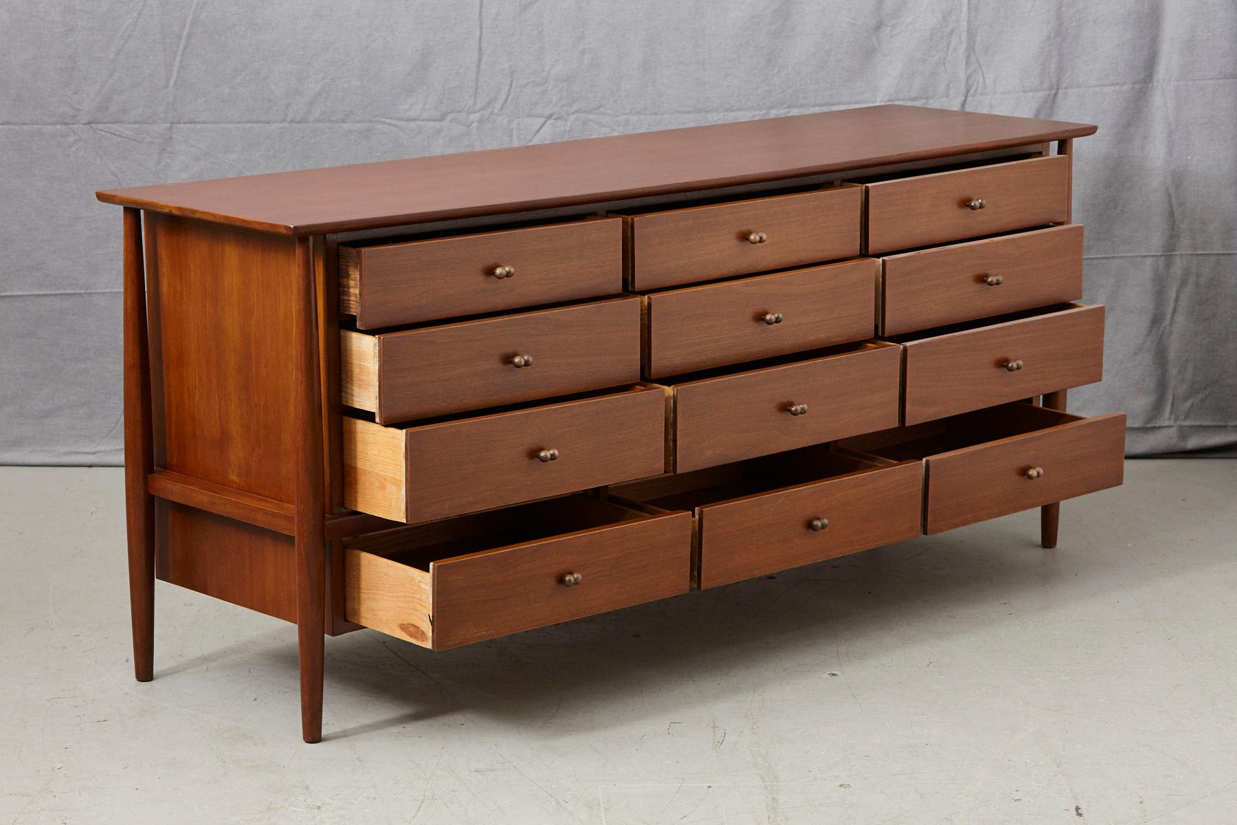 American John Stuart 12 Drawers Walnut Credenza with Brass Pulls on Tapered Legs, 1960