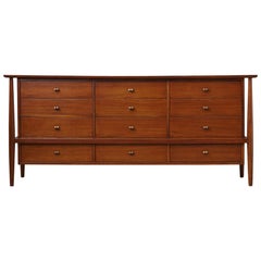 John Stuart 12 Drawers Walnut Credenza with Brass Pulls on Tapered Legs, 1960