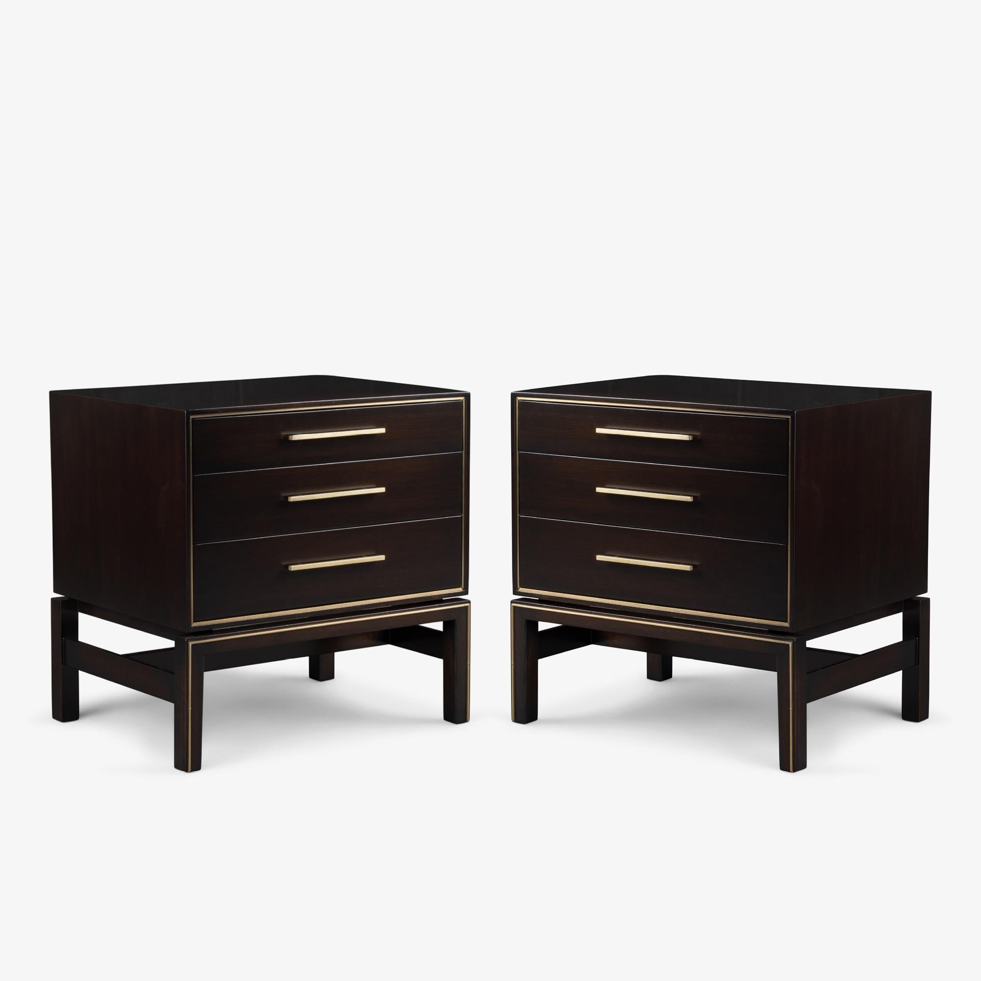 Mid-Century Modern John Stuart 3-Drawer Nightstand End Tables in Walnut with Brass Inlay, Pair For Sale