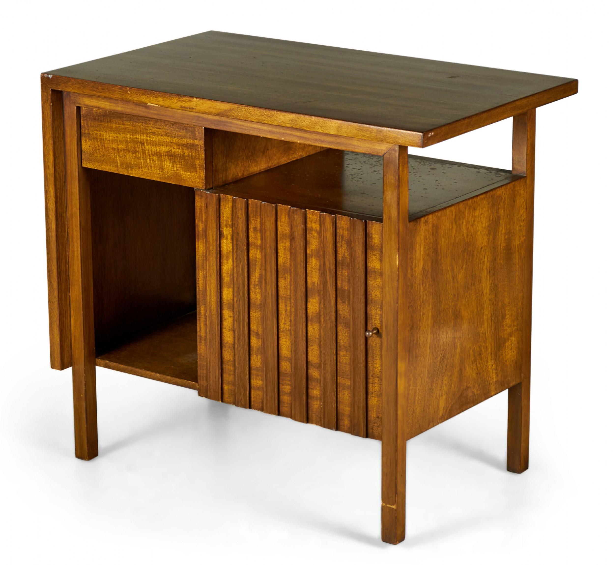 3 American Mid-Century walnut bedside tables / end tables with a single drawer to the left of an open compartment over a mirrored base arrangement comprised of an open cabinet and a larger closed cabinet that opens to the right with a slat front