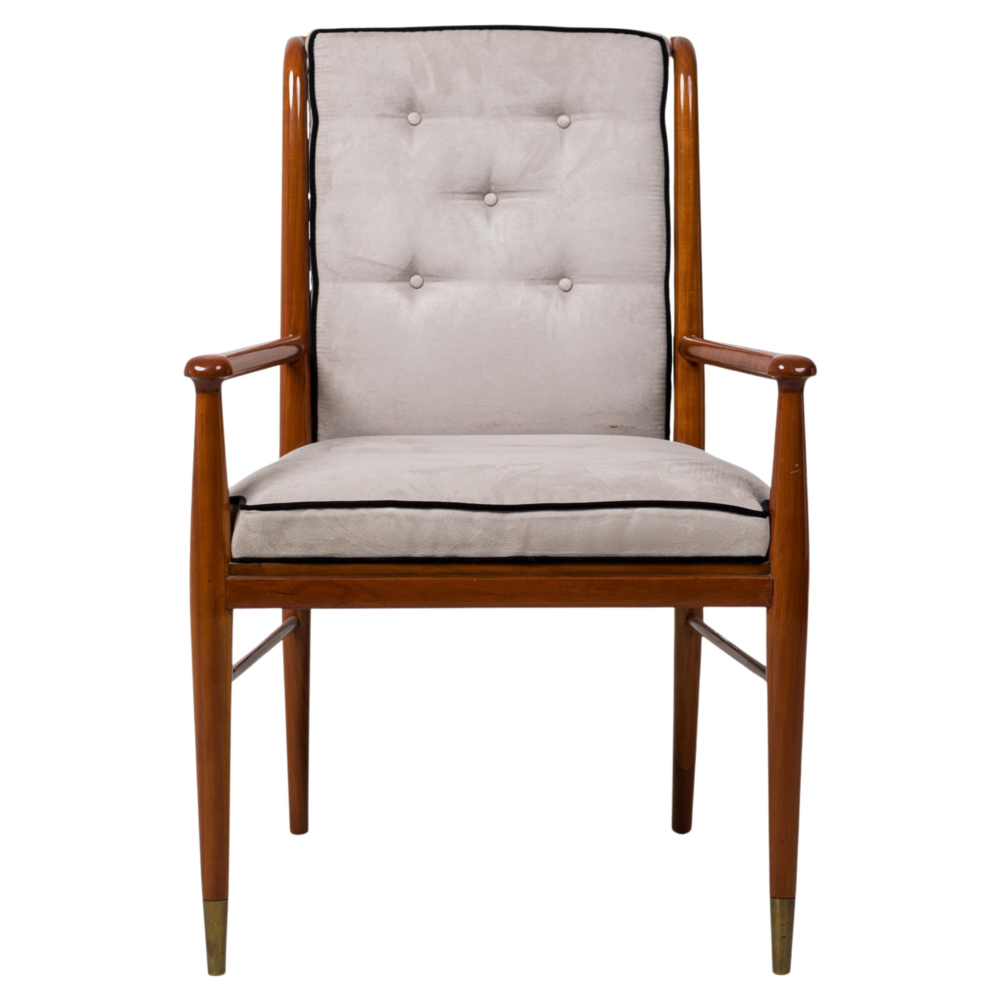 John Stuart American Walnut and Brass Gray Suede Upholstered Armchair For Sale