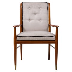 John Stuart American Walnut and Brass Gray Suede Upholstered Armchair