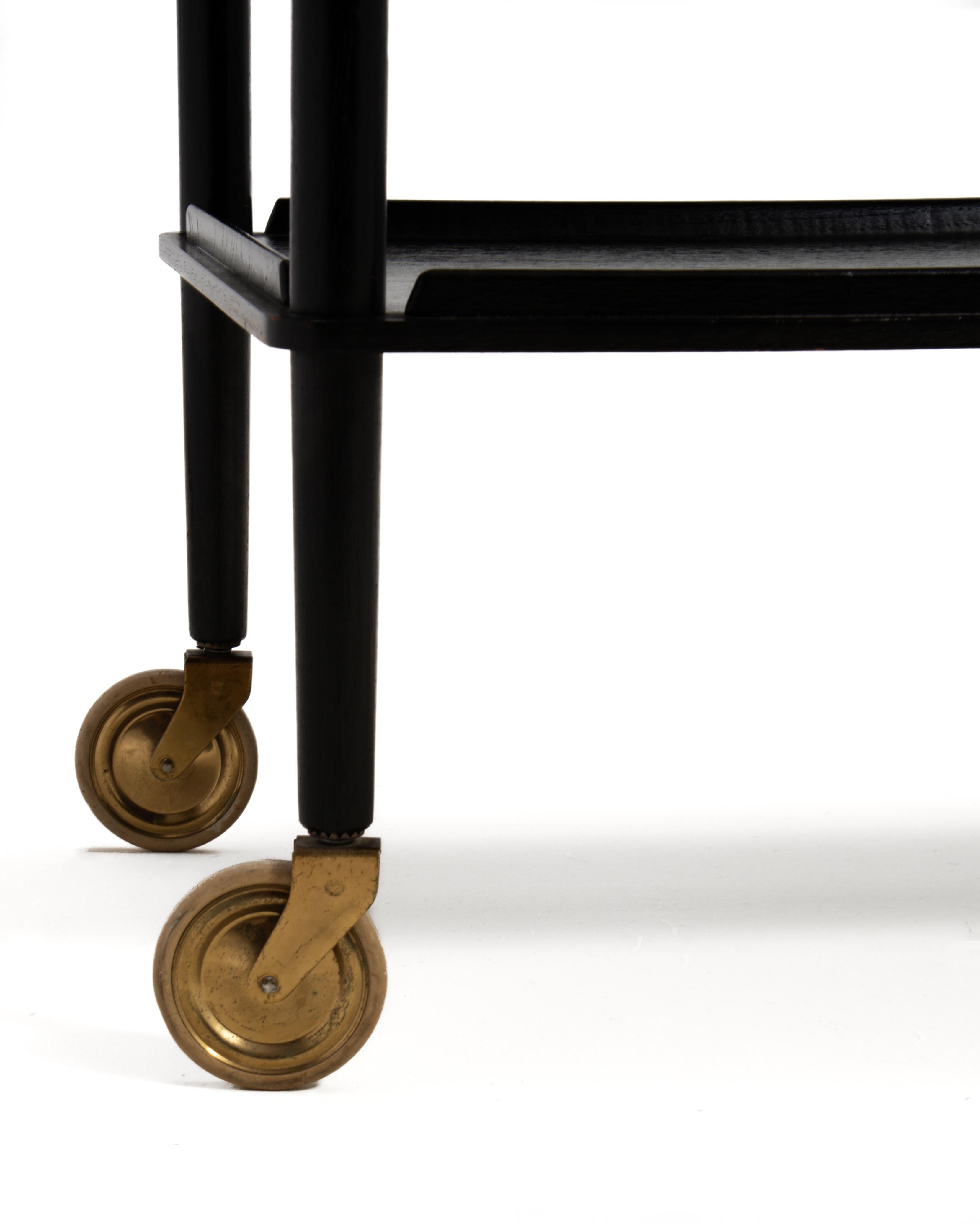John Stuart Black Lacquer Brass Bar Cart Denmark Original Finish Mid Century For Sale 6