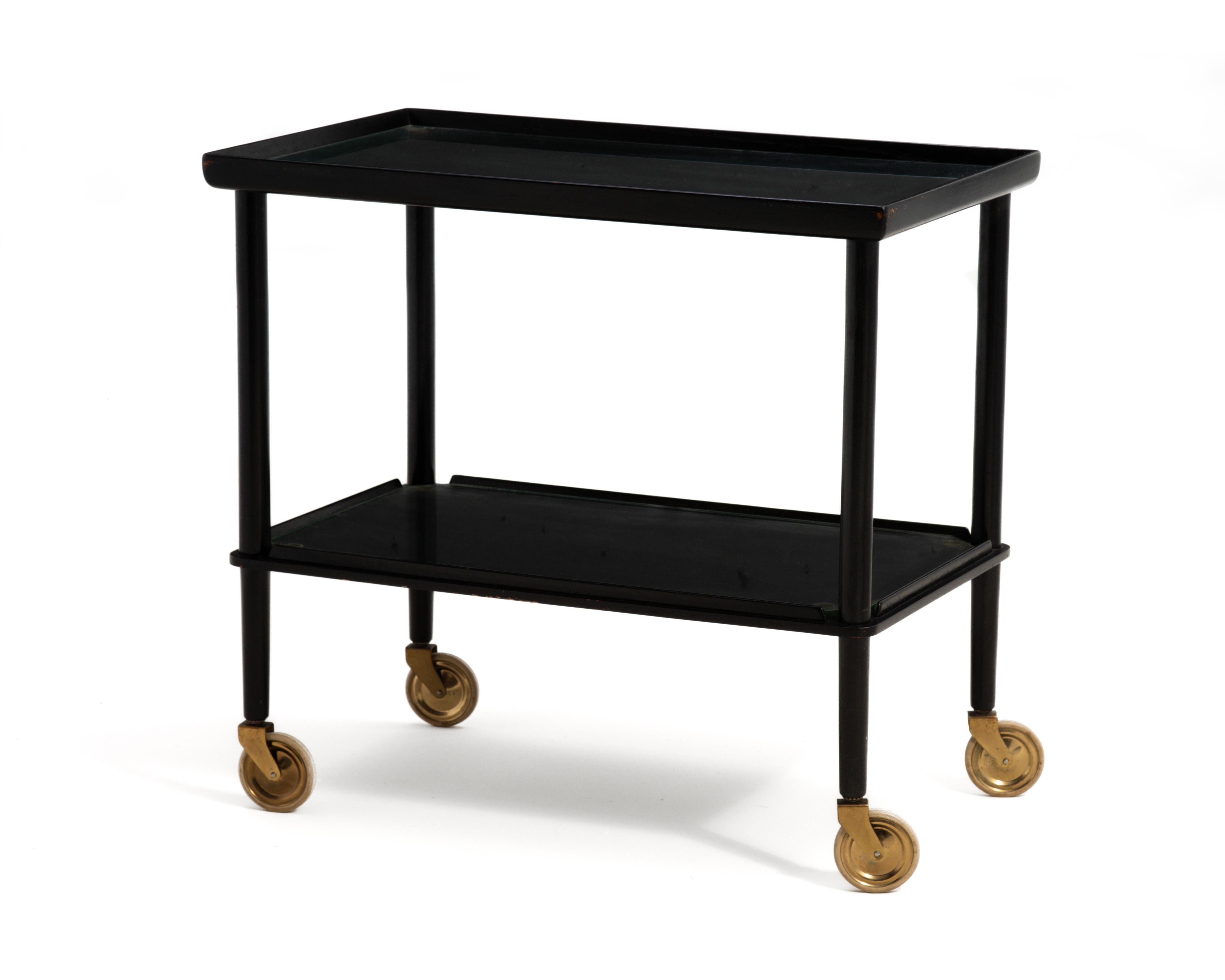 Scandinavian Modern John Stuart Black Lacquer Brass Bar Cart Denmark Original Finish Mid Century For Sale