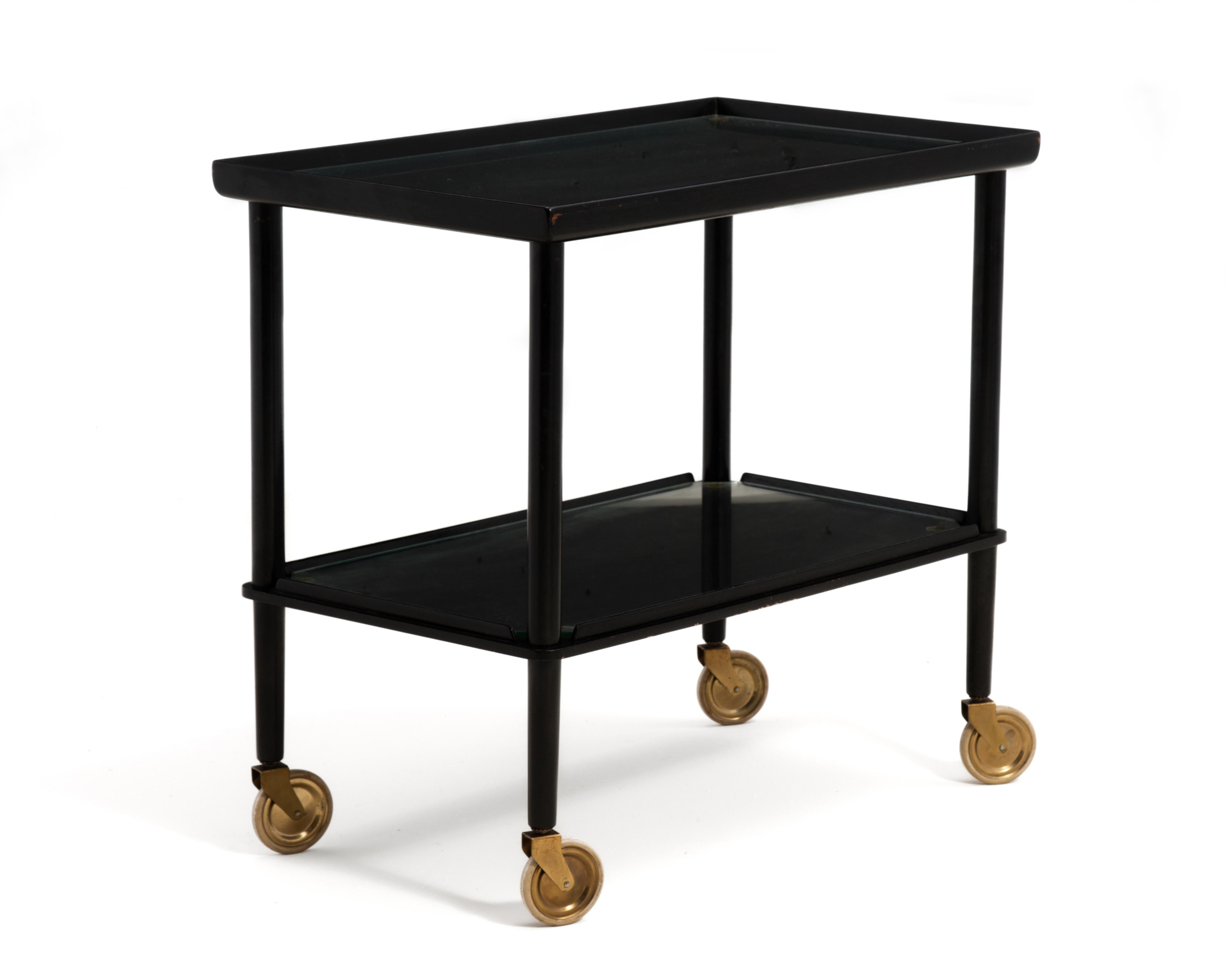 Danish John Stuart Black Lacquer Brass Bar Cart Denmark Original Finish Mid Century For Sale