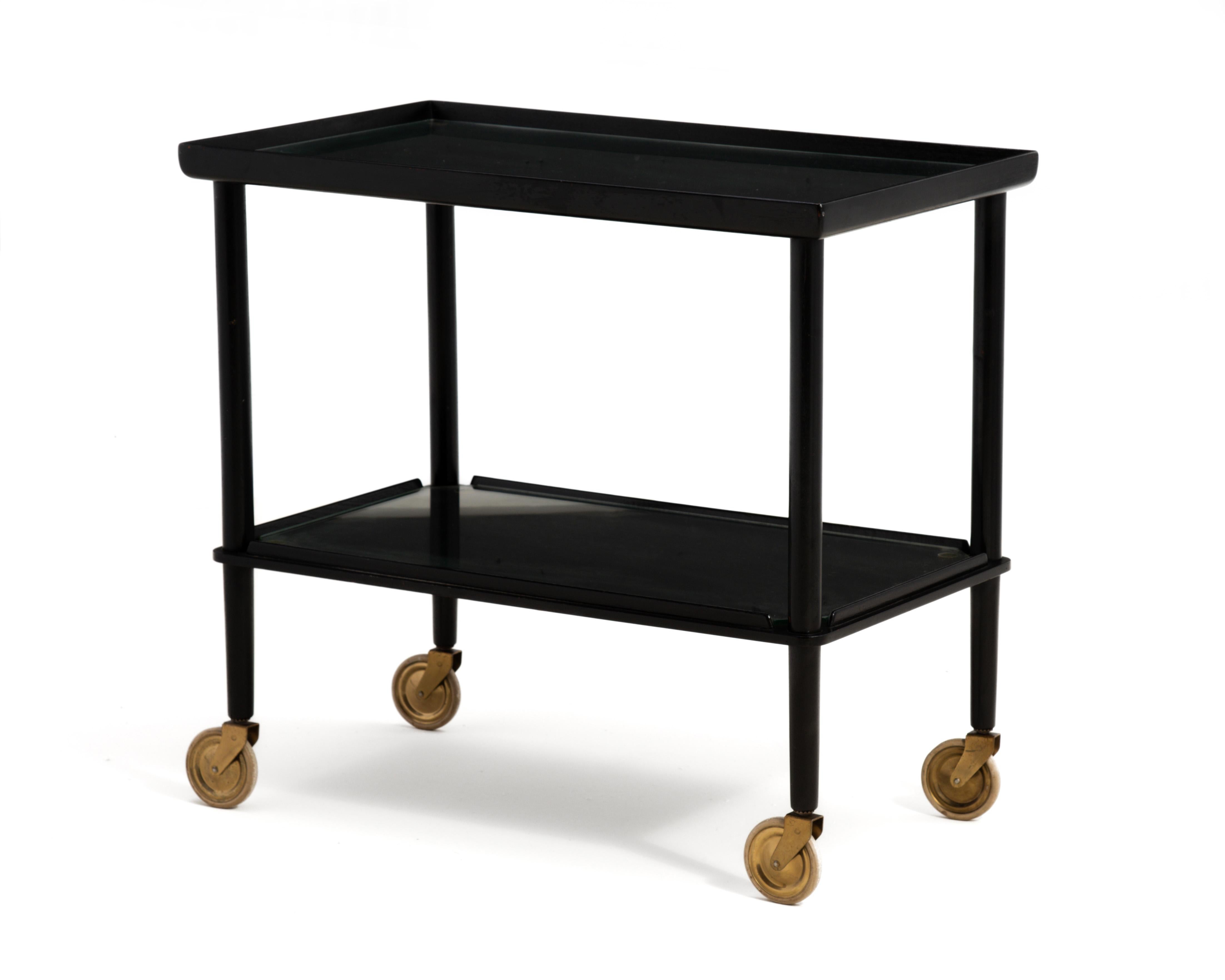 John Stuart Black Lacquer Brass Bar Cart Denmark Original Finish Mid Century In Good Condition For Sale In Forest Grove, PA