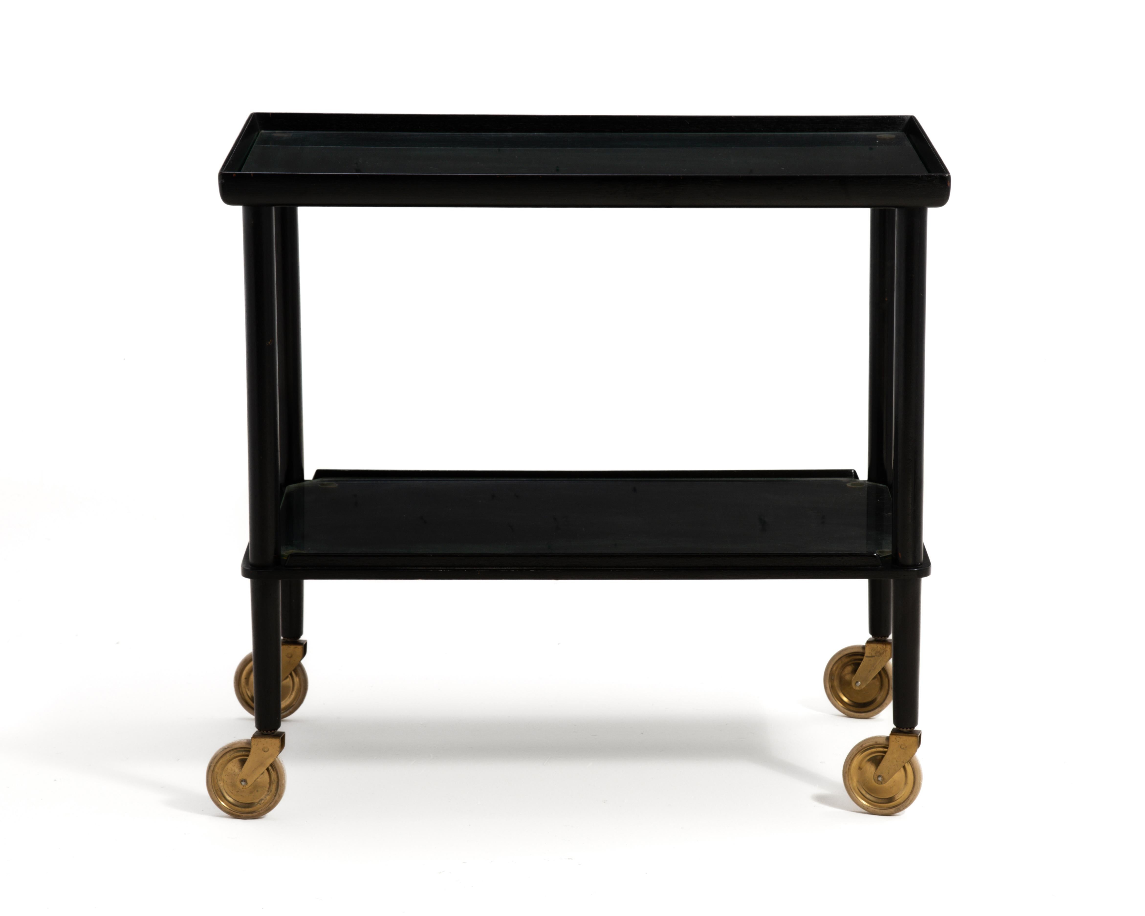 Mid-20th Century John Stuart Black Lacquer Brass Bar Cart Denmark Original Finish Mid Century For Sale