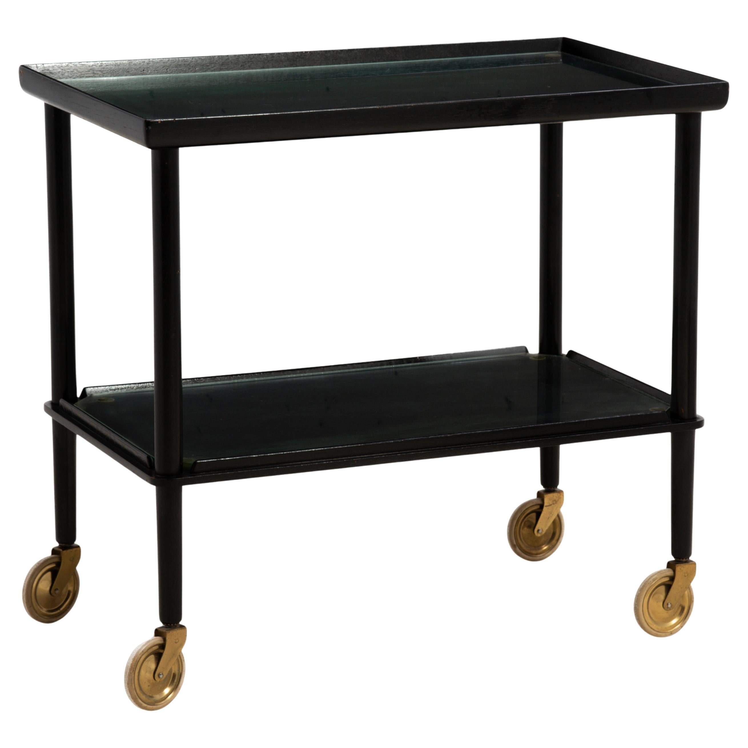 John Stuart Black Lacquer Brass Bar Cart Denmark Original Finish Mid Century For Sale