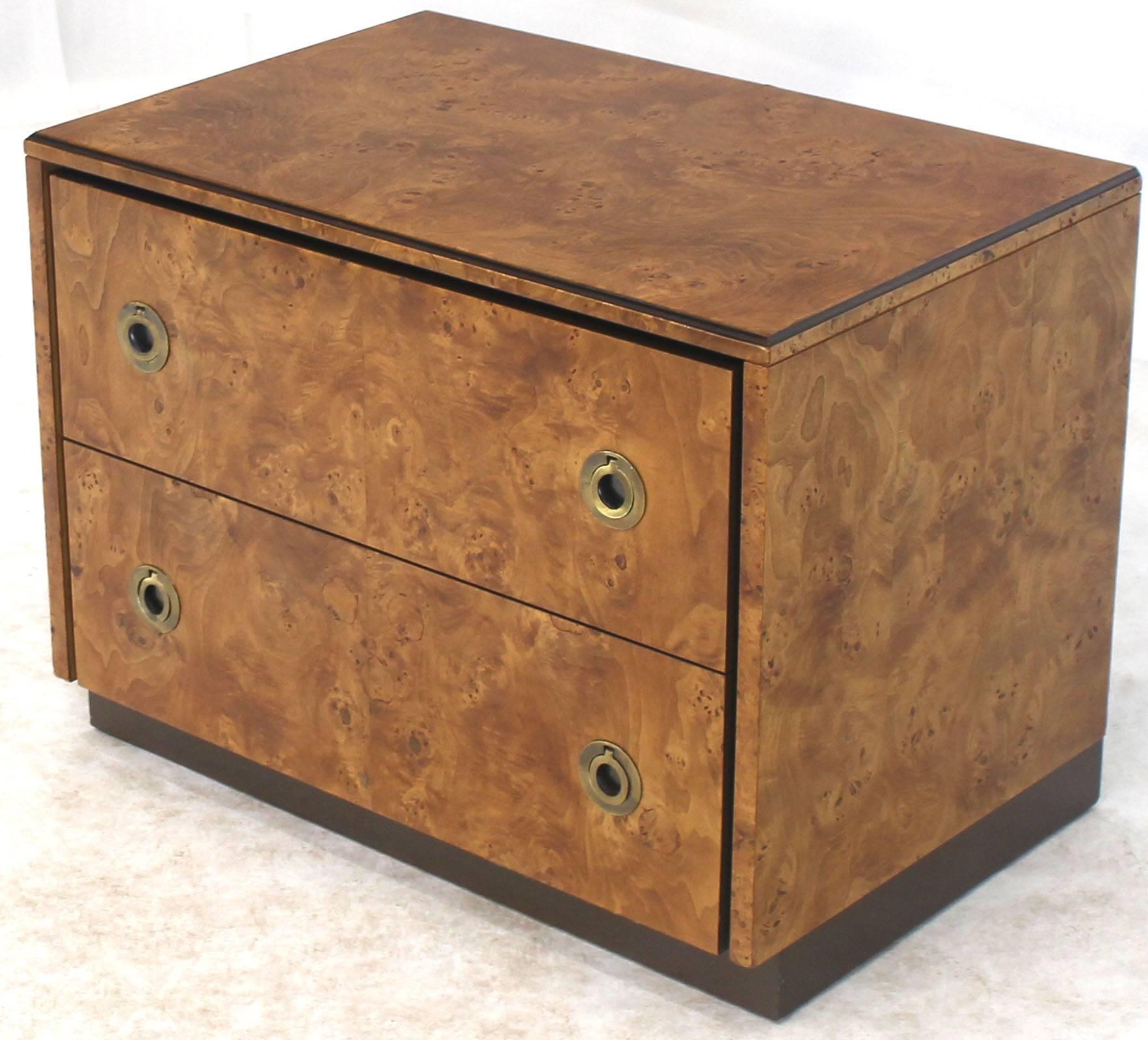 Mid-Century Modern two drawers end table nightstand small chest of drawers. Beautiful vivid grain burl walnut wood.
