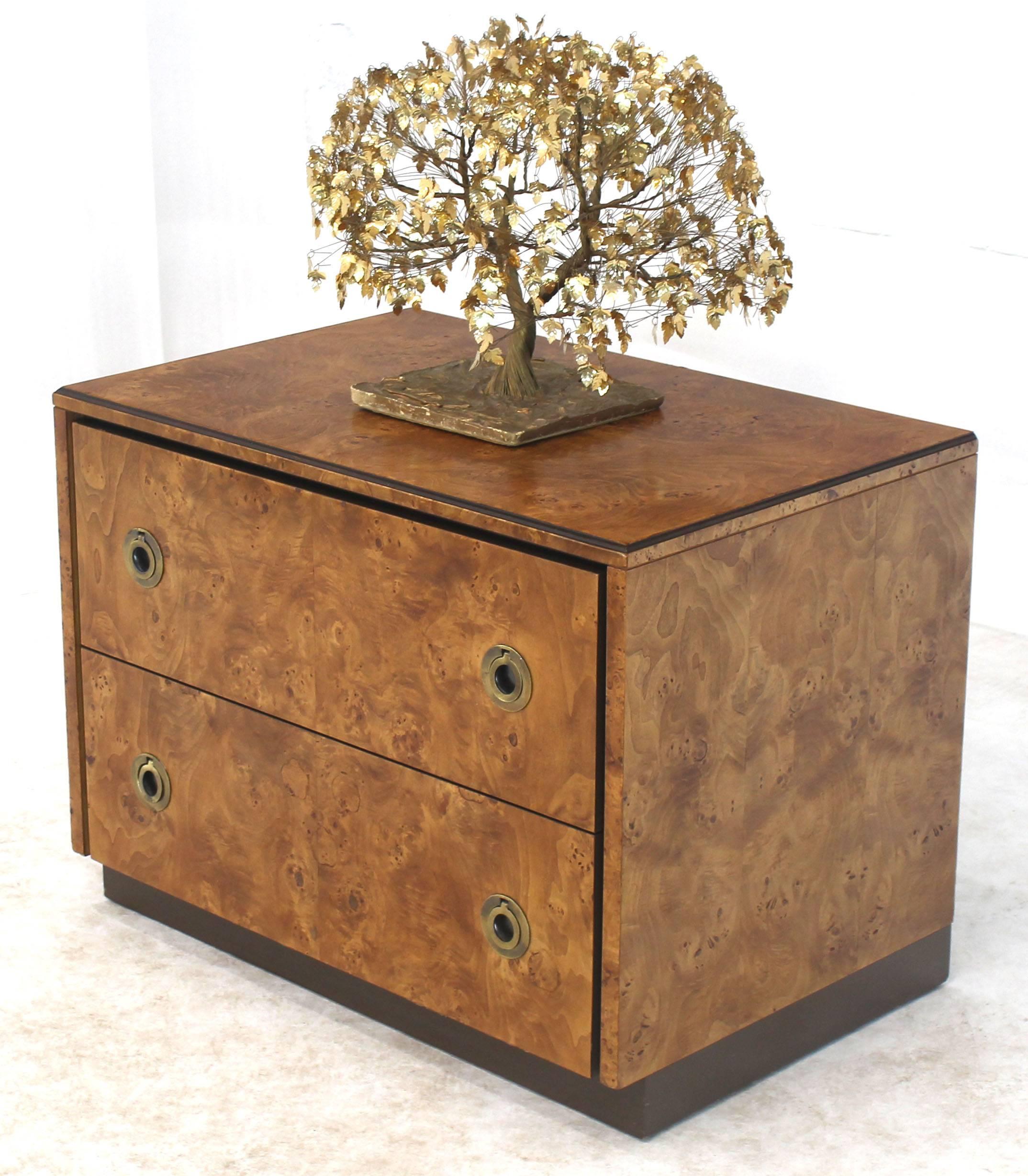 Mid-Century Modern John Stuart Burl Wood Brass Round Pulls Two Drawers Stand For Sale