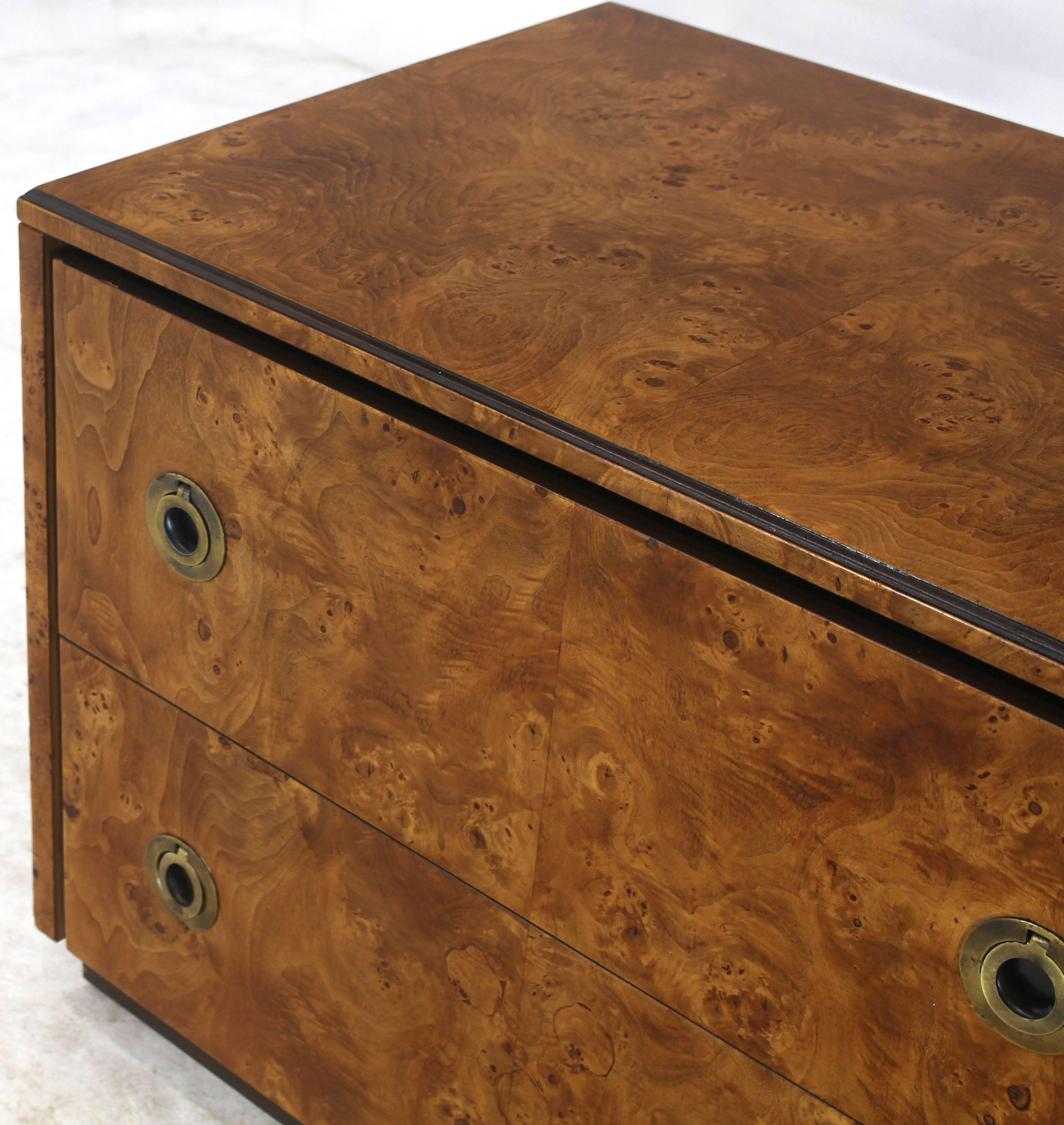 Lacquered John Stuart Burl Wood Brass Round Pulls Two Drawers Stand For Sale