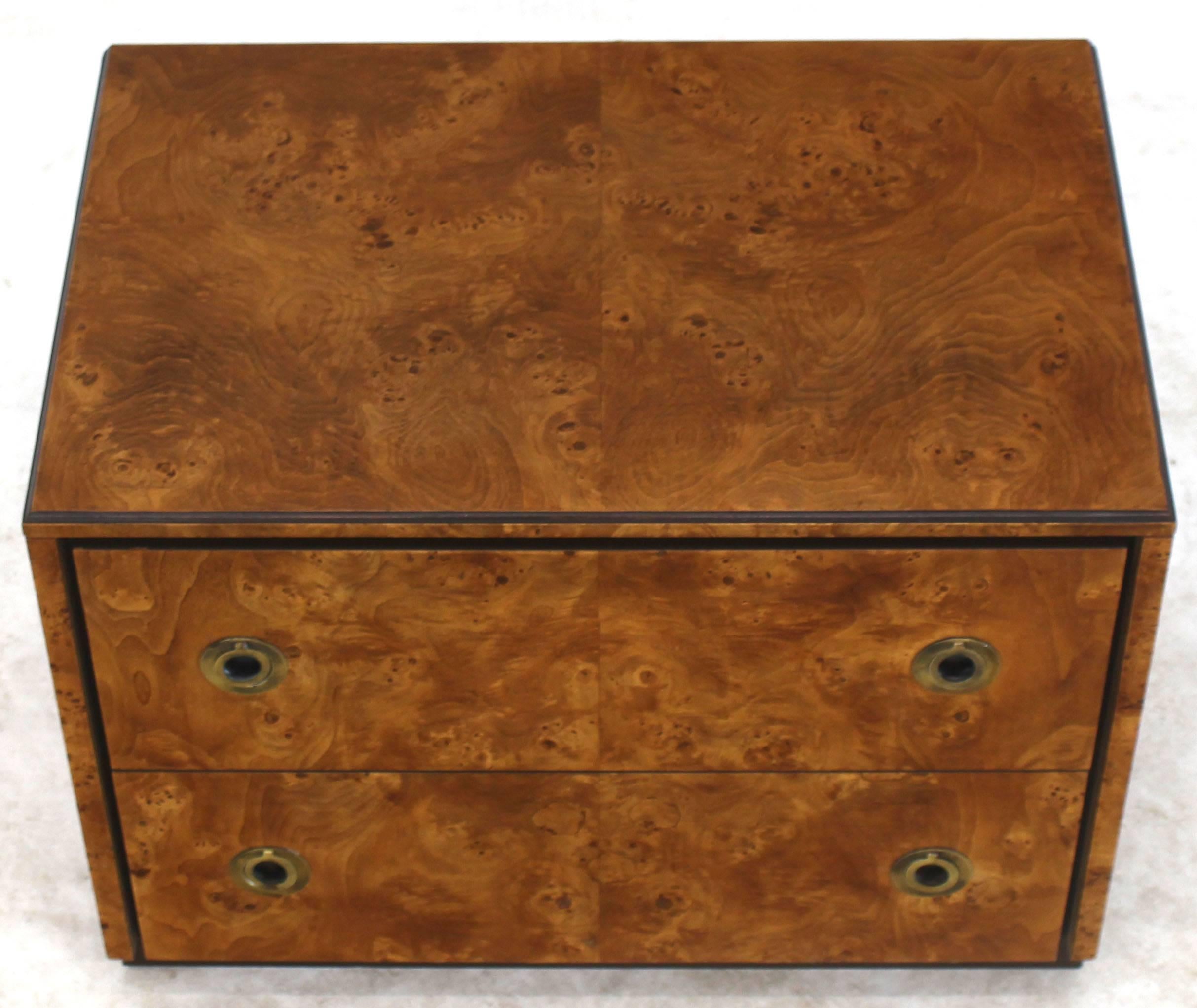 Walnut John Stuart Burl Wood Brass Round Pulls Two Drawers Stand For Sale