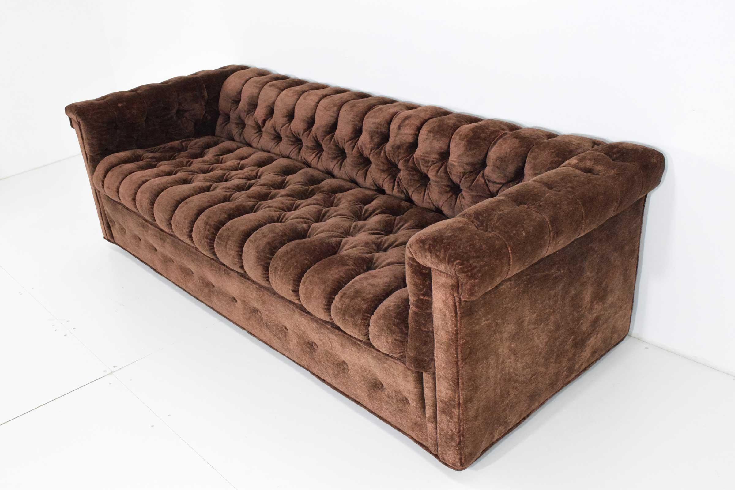 Sofas  are  plush and upholstered in a velvet. Very well constructed and velvet in very good condition. Sofa is on small casters which can be replaced with small legs if desired.