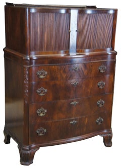 John Stuart Chippendale Flame Mahogany Serpentine Tambour Dresser Tallboy Chest