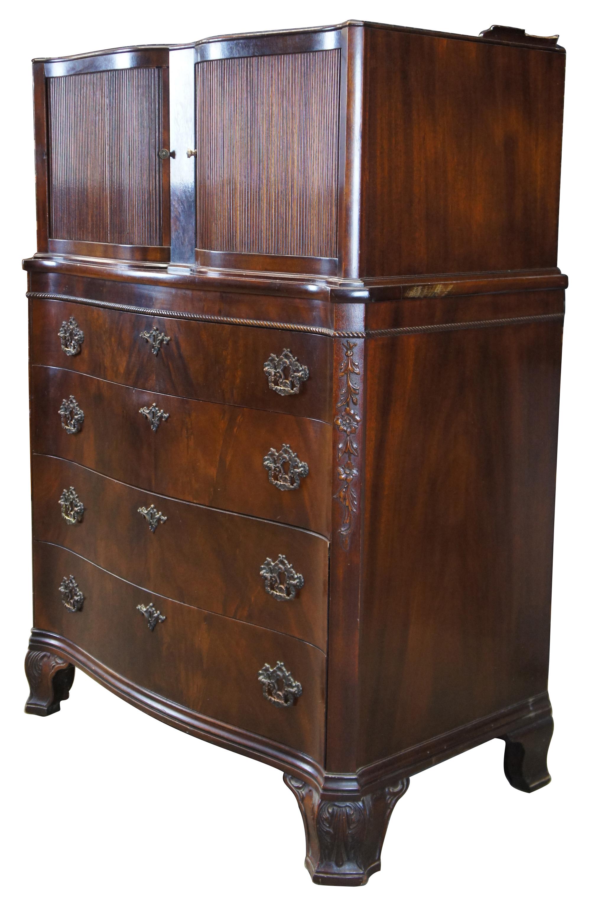 Federal John Stuart Chippendale Flame Mahogany Serpentine Tambour Dresser Tallboy Chest