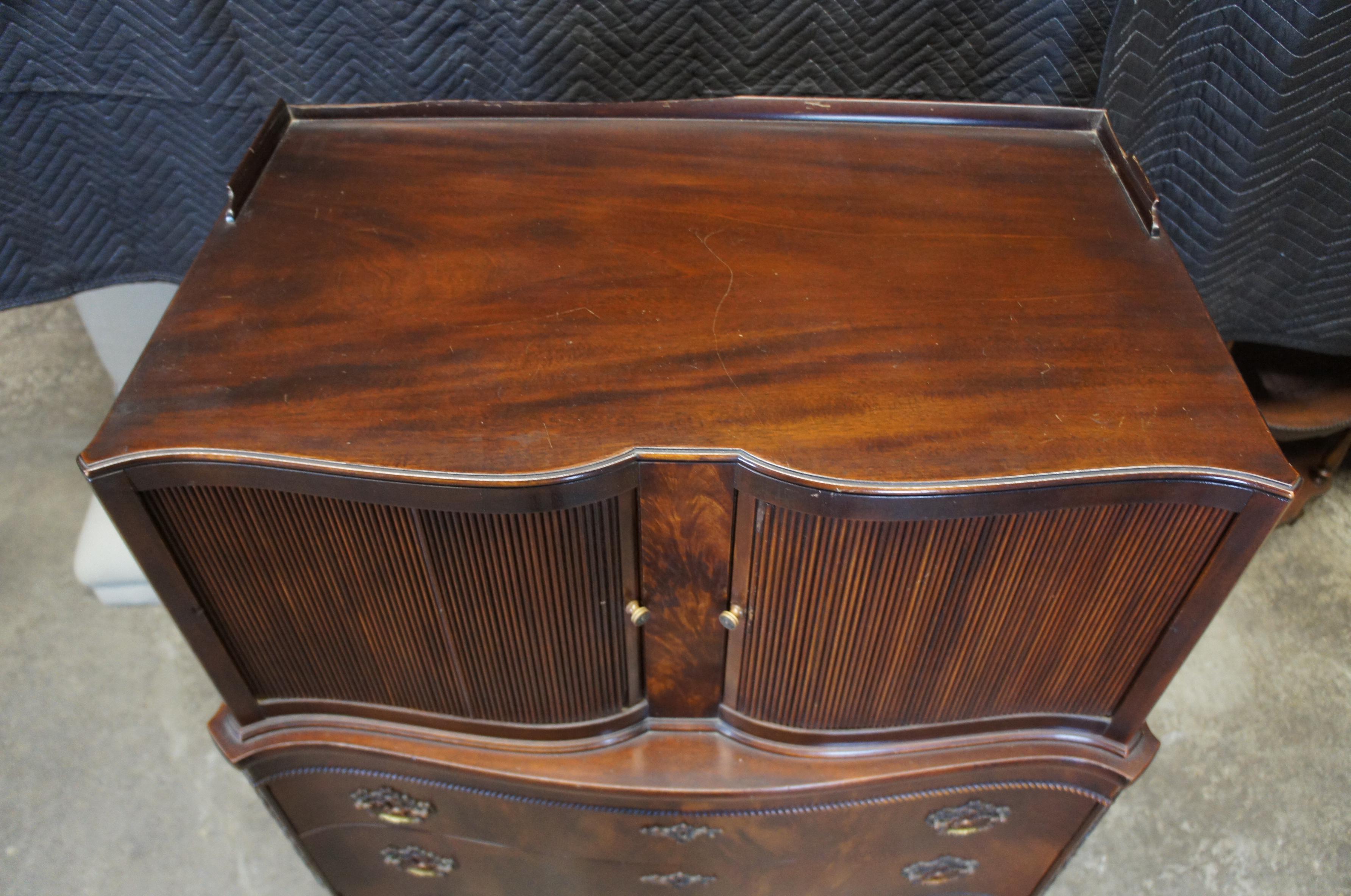 John Stuart Chippendale Flame Mahogany Serpentine Tambour Dresser Tallboy Chest 4