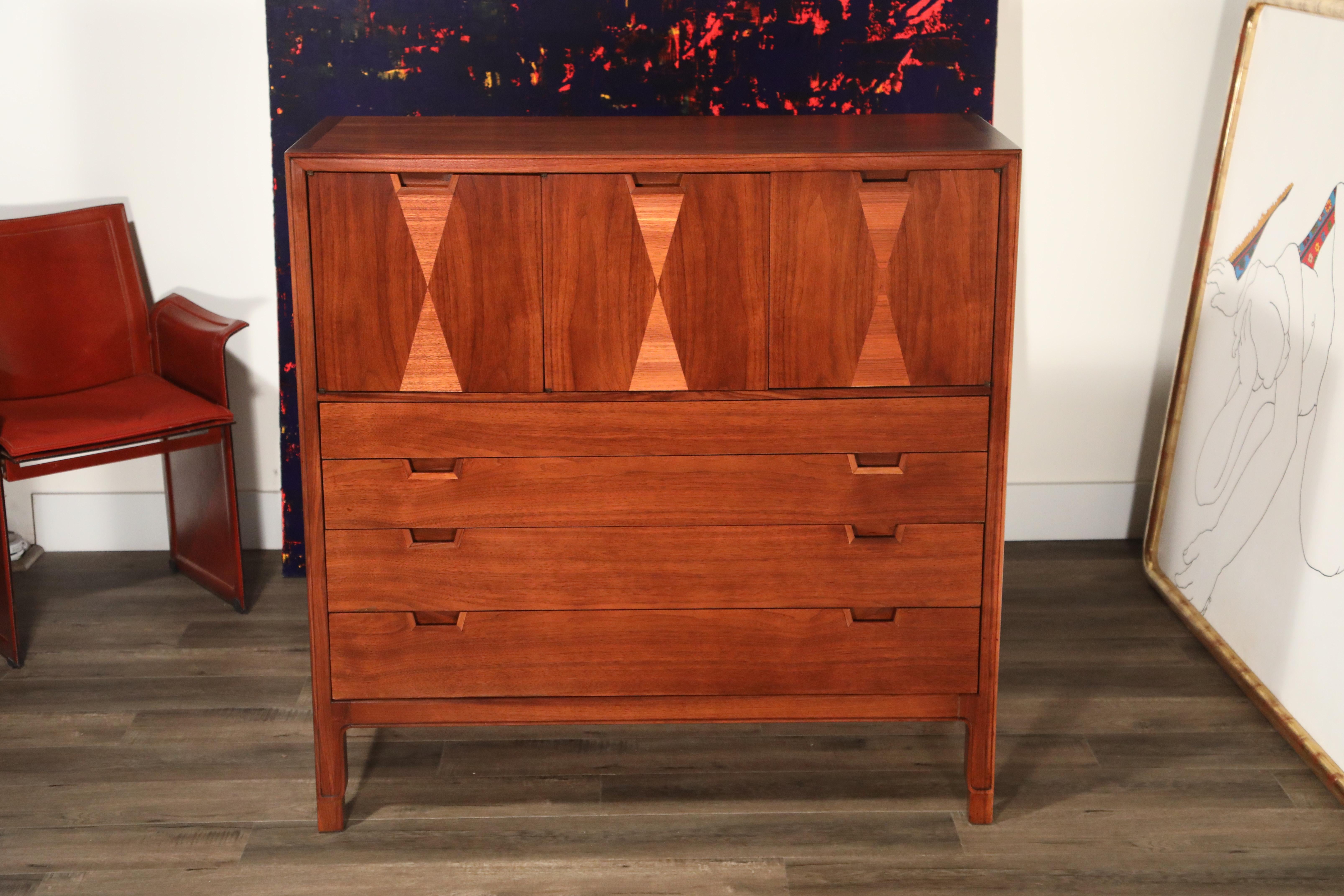 Mid-Century Modern John Stuart for Janus Collection Walnut Highboy Dresser, Fully Restored