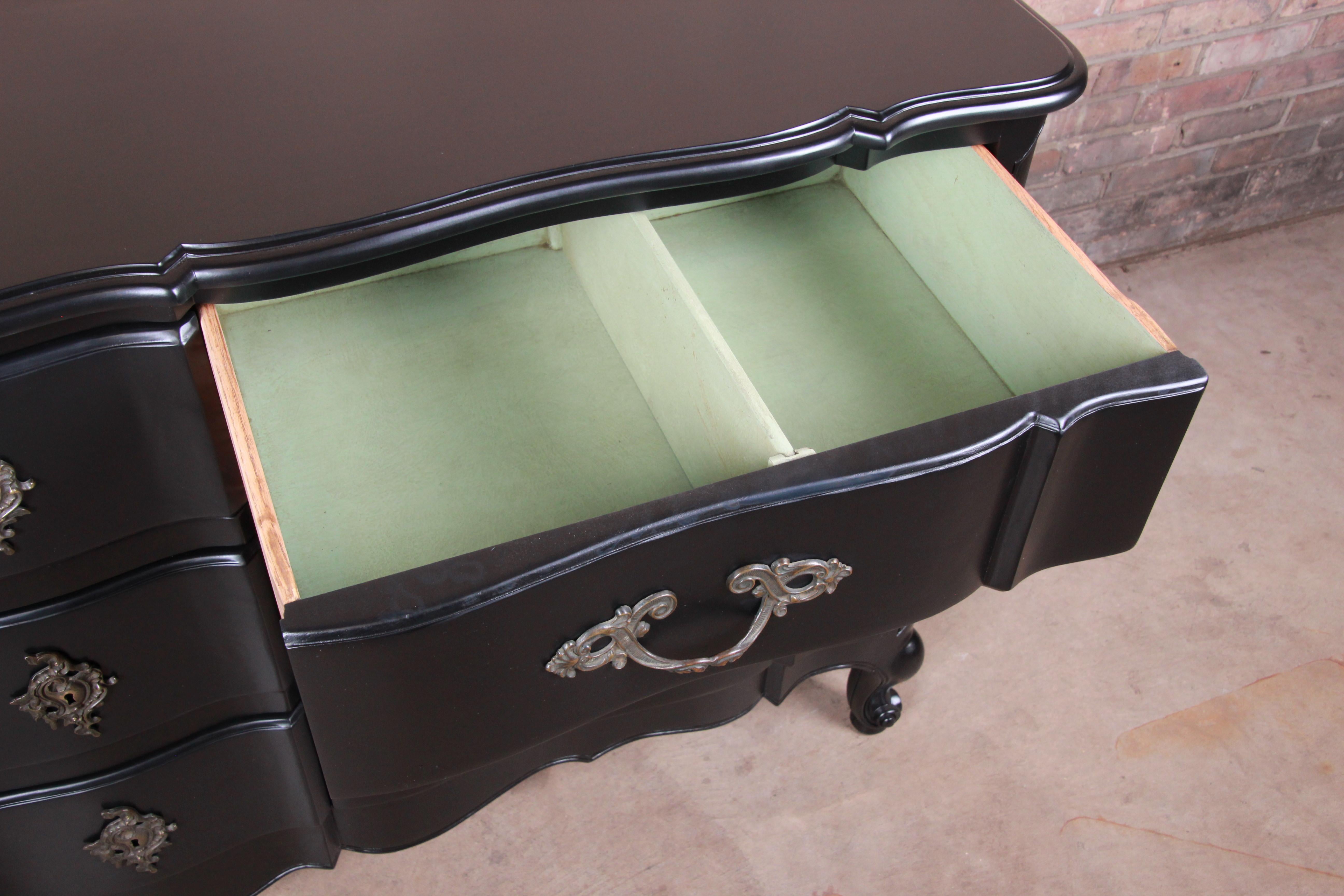 Mid-20th Century John Stuart French Provincial Louis XV Black Lacquered Dresser, Newly Refinished