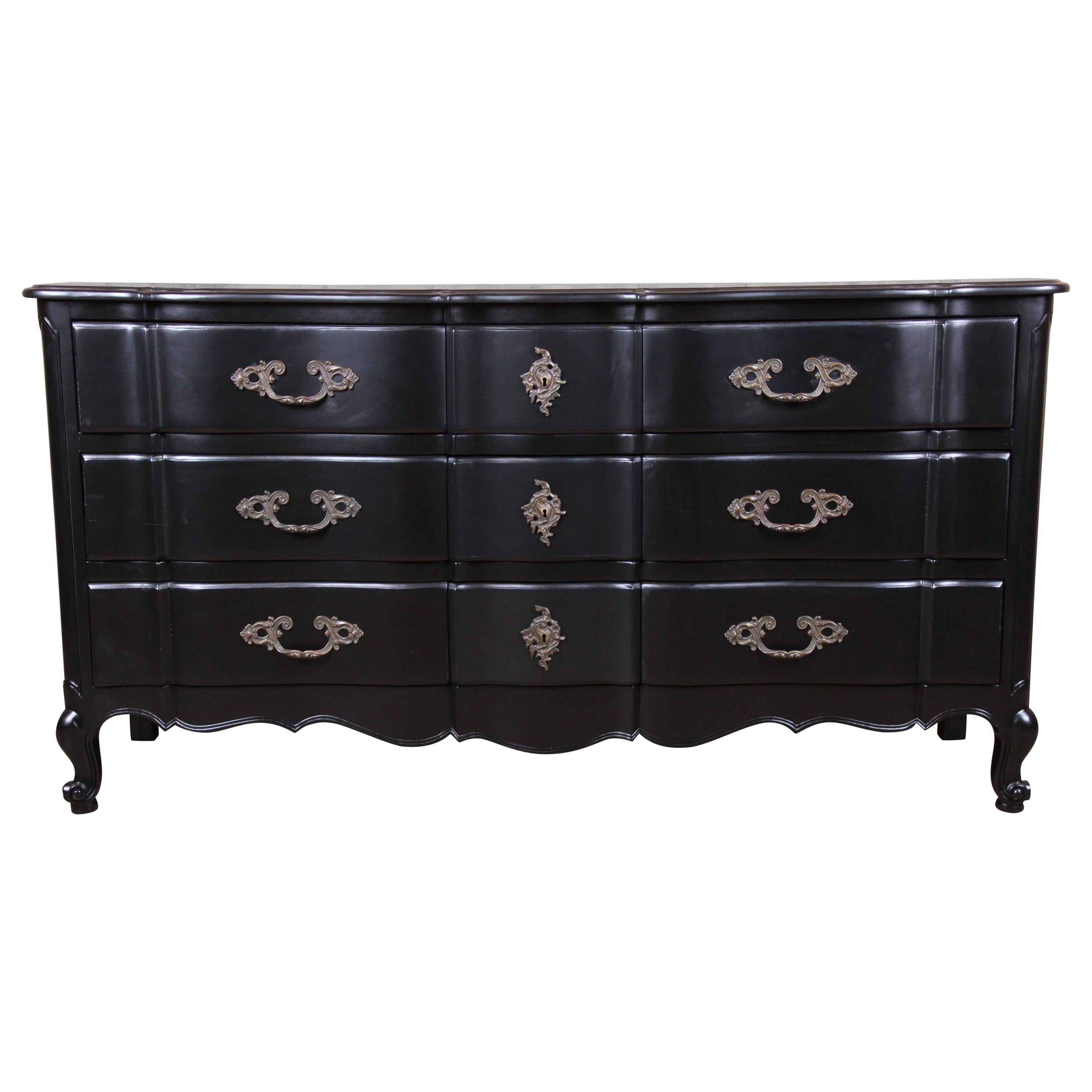 John Stuart French Provincial Louis XV Black Lacquered Dresser, Newly Refinished