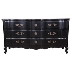 Vintage John Stuart French Provincial Louis XV Black Lacquered Dresser, Newly Refinished