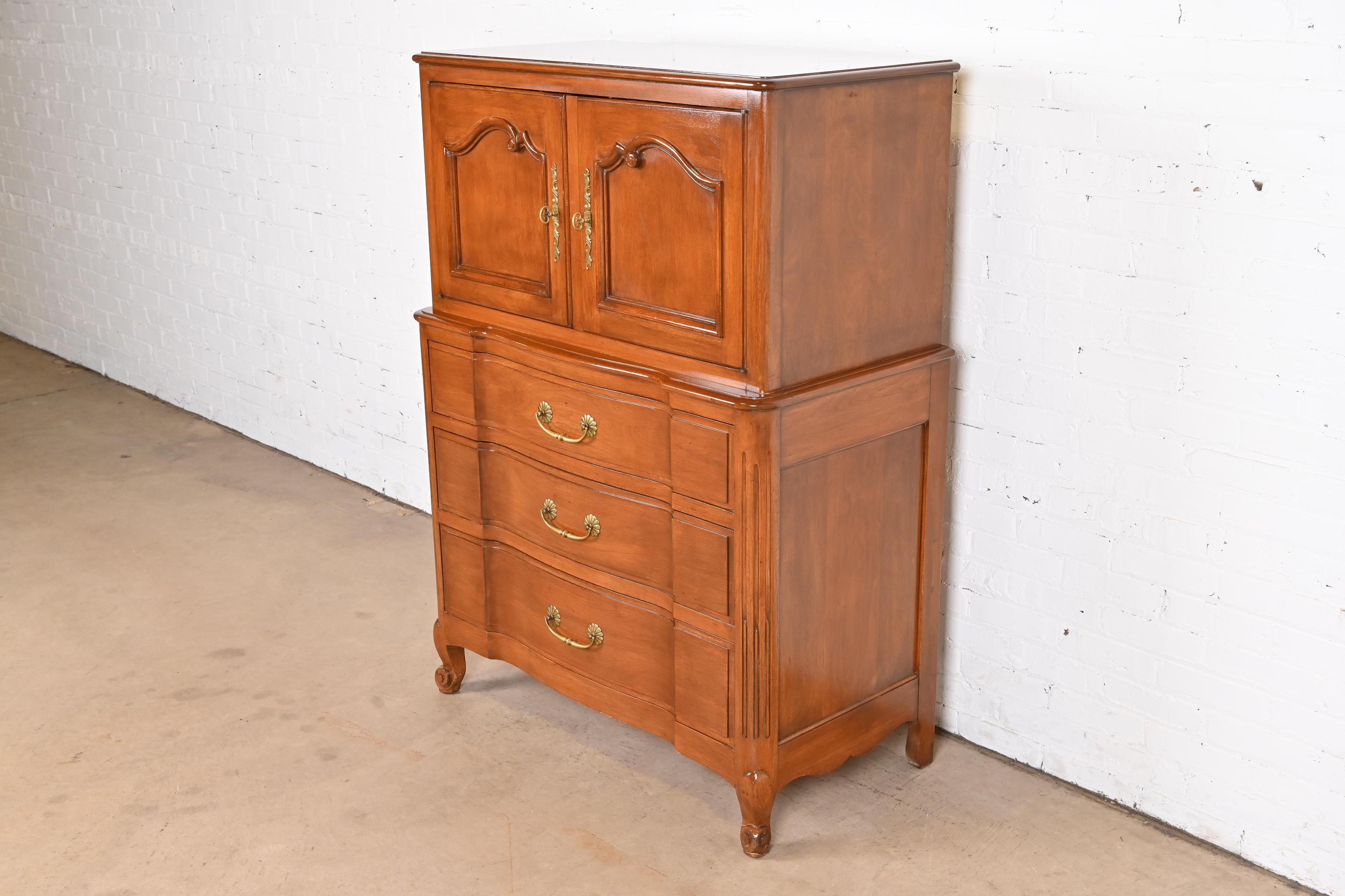 American John Stuart French Provincial Louis XV Carved Cherry Wood Highboy Dresser For Sale