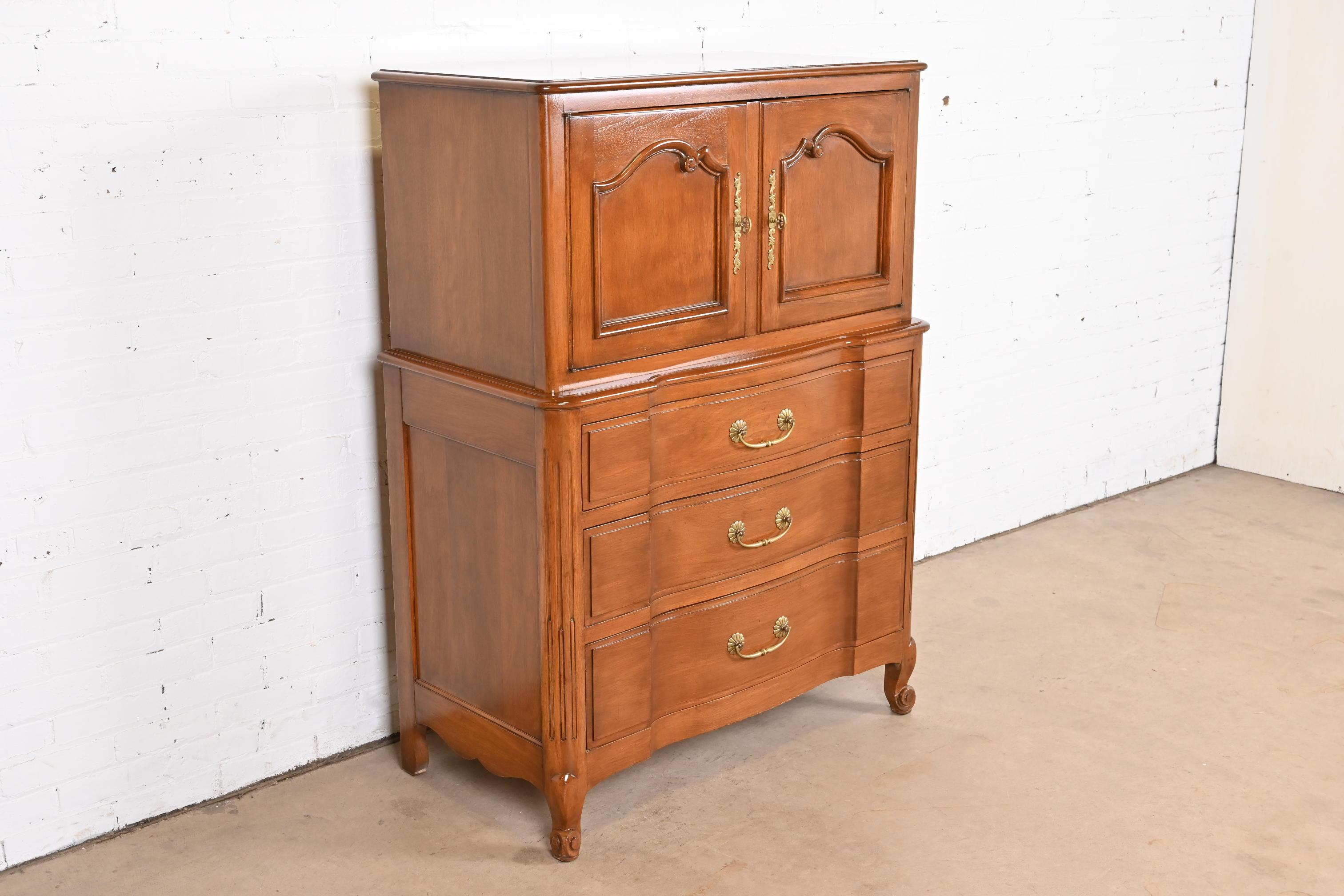 Mid-20th Century John Stuart French Provincial Louis XV Carved Cherry Wood Highboy Dresser For Sale