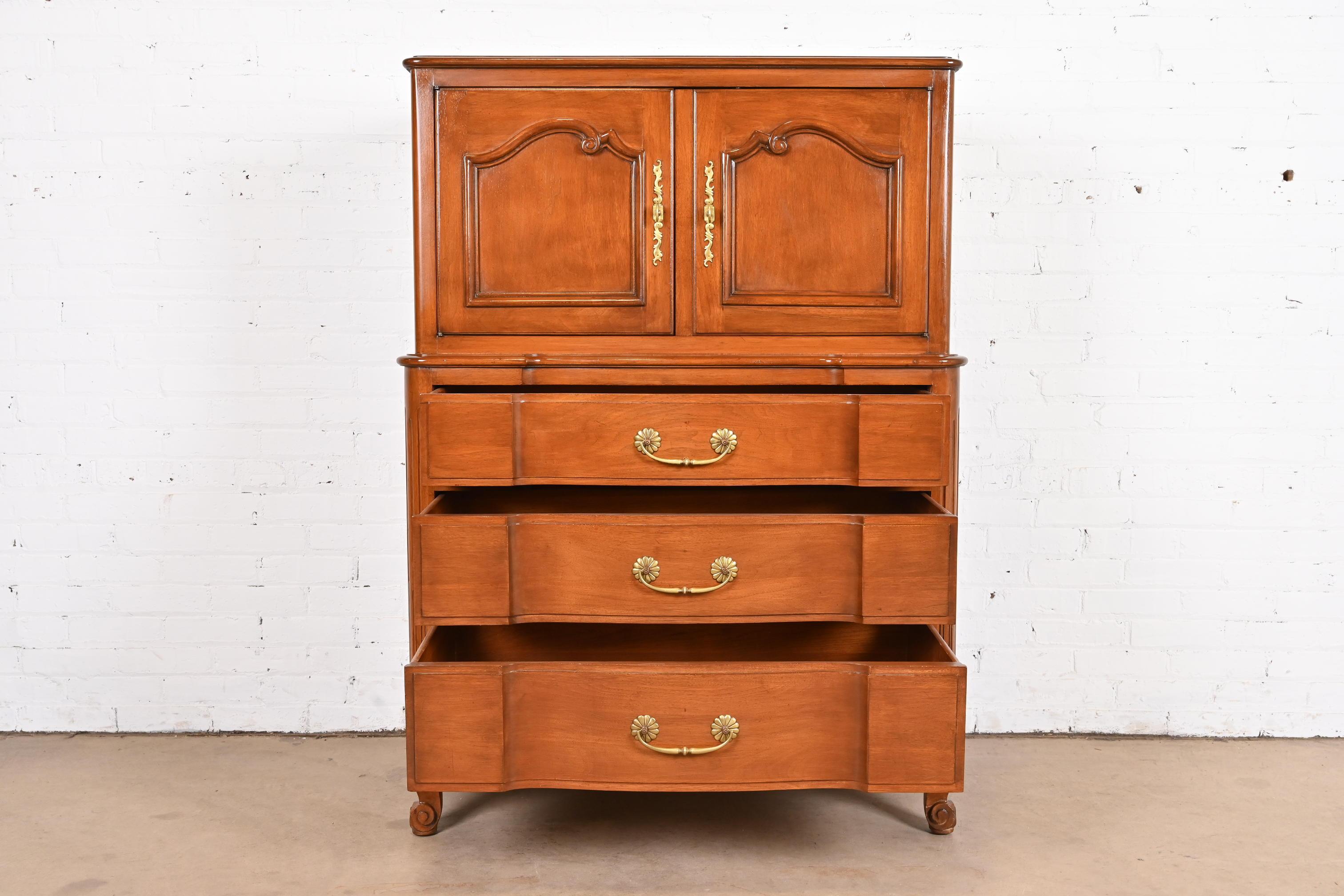 John Stuart French Provincial Louis XV Carved Cherry Wood Highboy Dresser For Sale 1