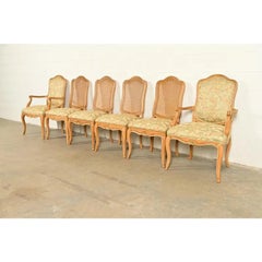 John Stuart French Provincial Louis XV Carved Oak and Cane Back Dining Chairs