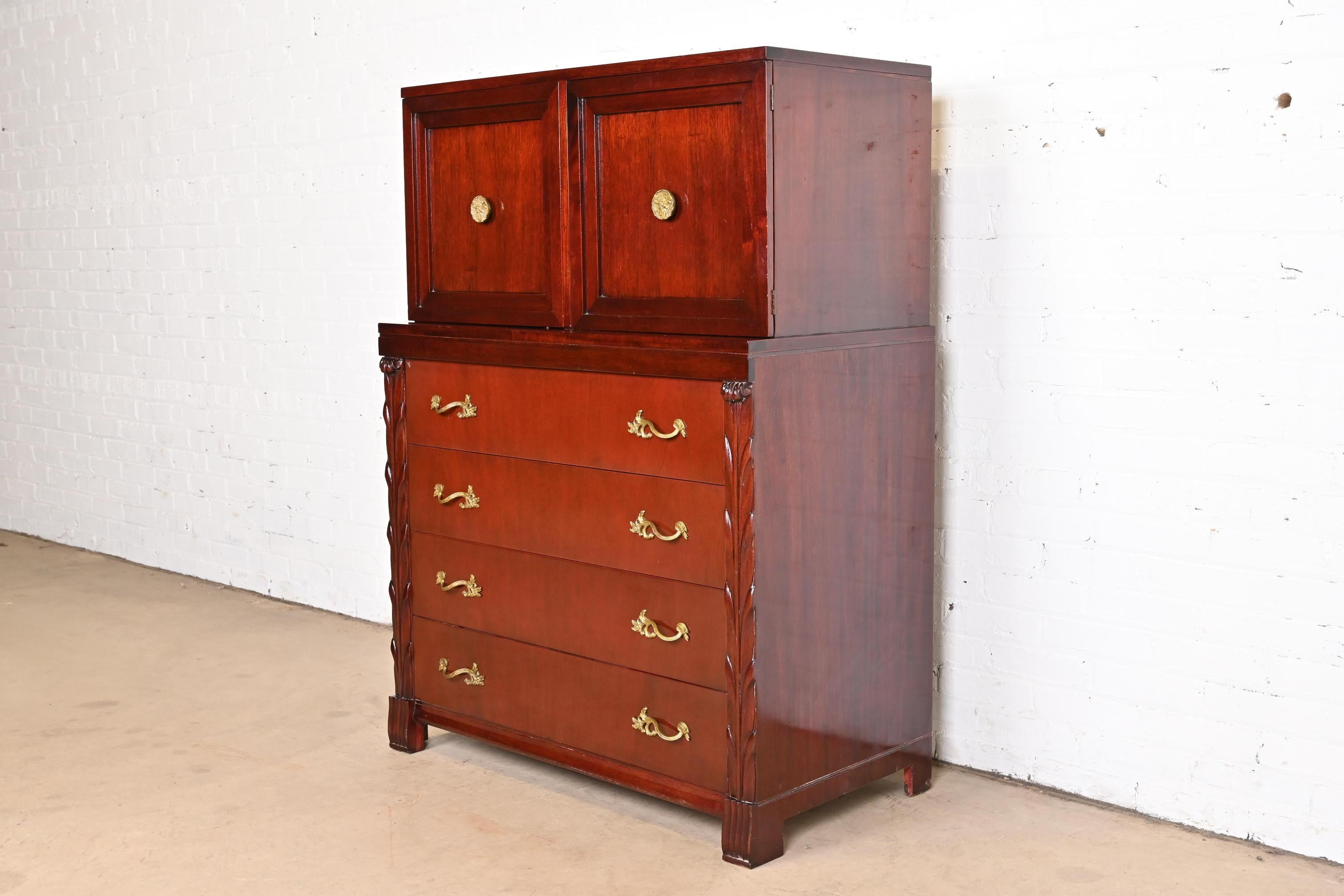 John Stuart French Regency Louis XVI Carved Mahogany Highboy Dresser, circa 1940 In Good Condition For Sale In South Bend, IN