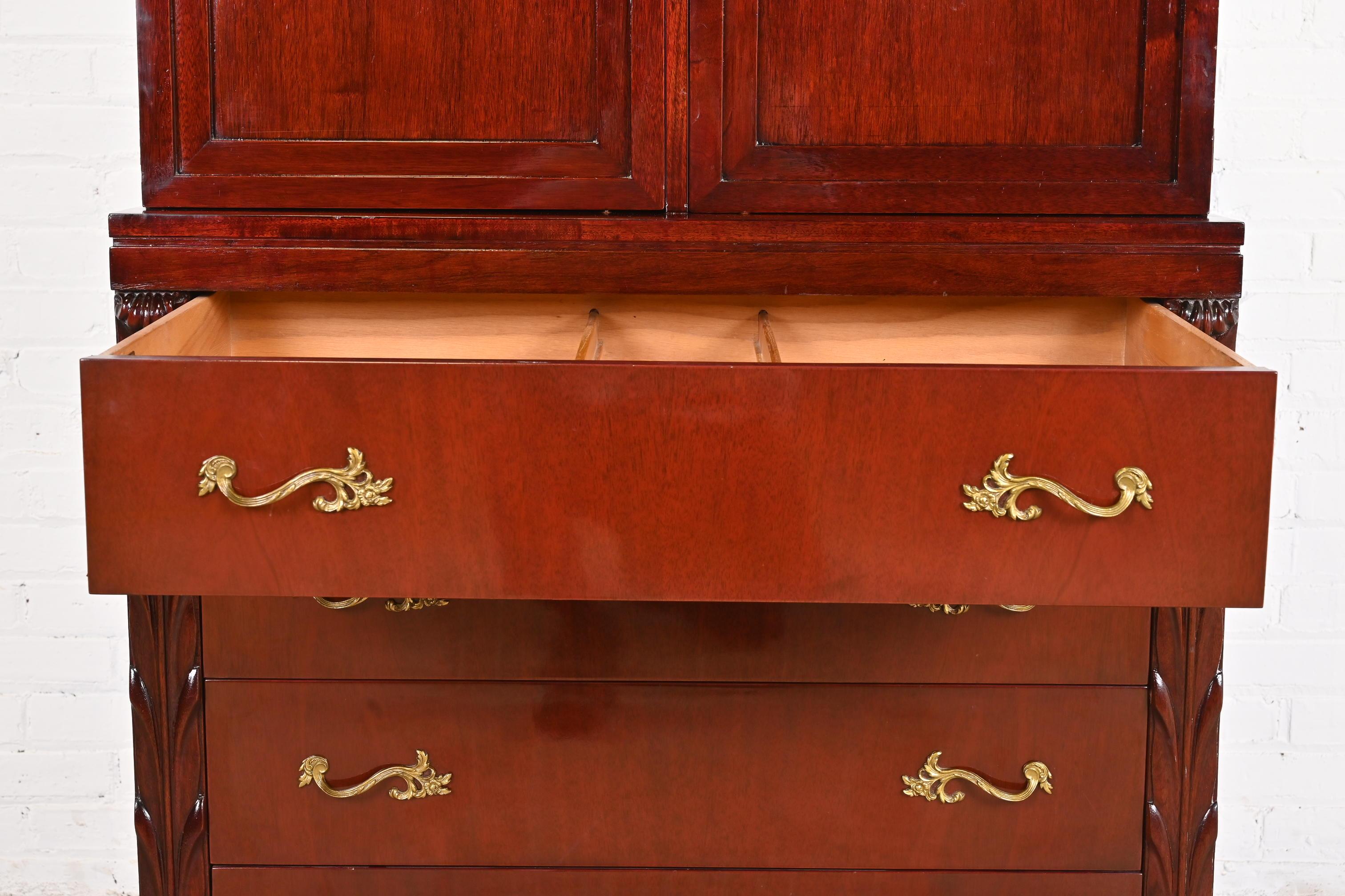 John Stuart French Regency Louis XVI Carved Mahogany Highboy Dresser, circa 1940 For Sale 1