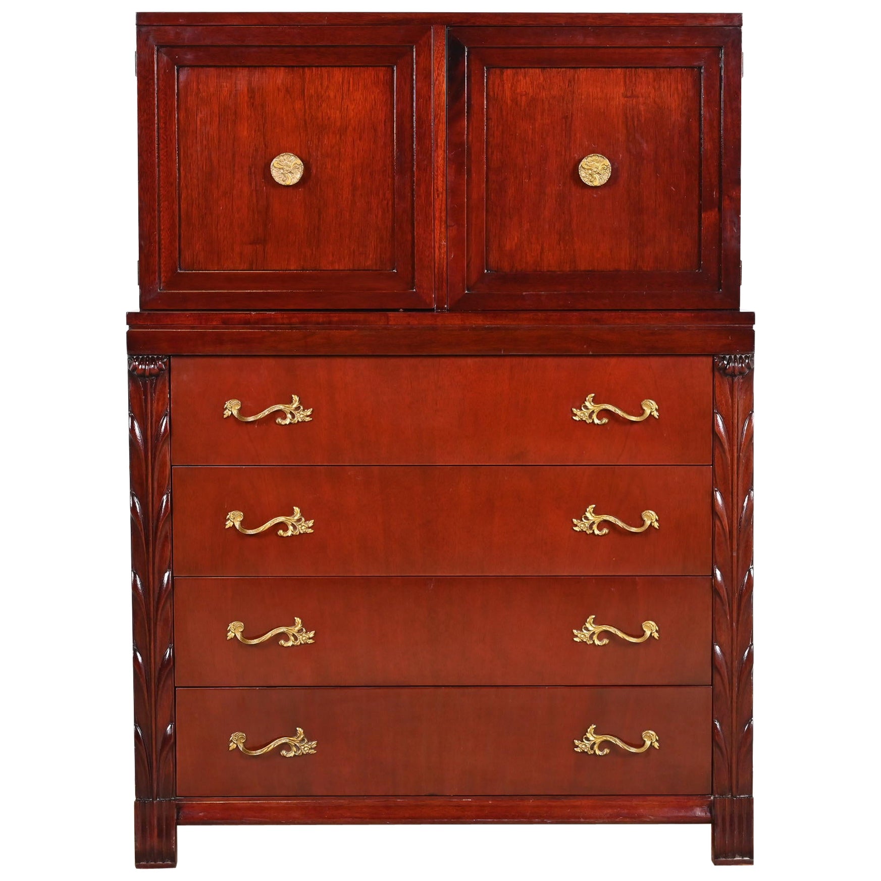 John Stuart French Regency Louis XVI Carved Mahogany Highboy Dresser, circa 1940