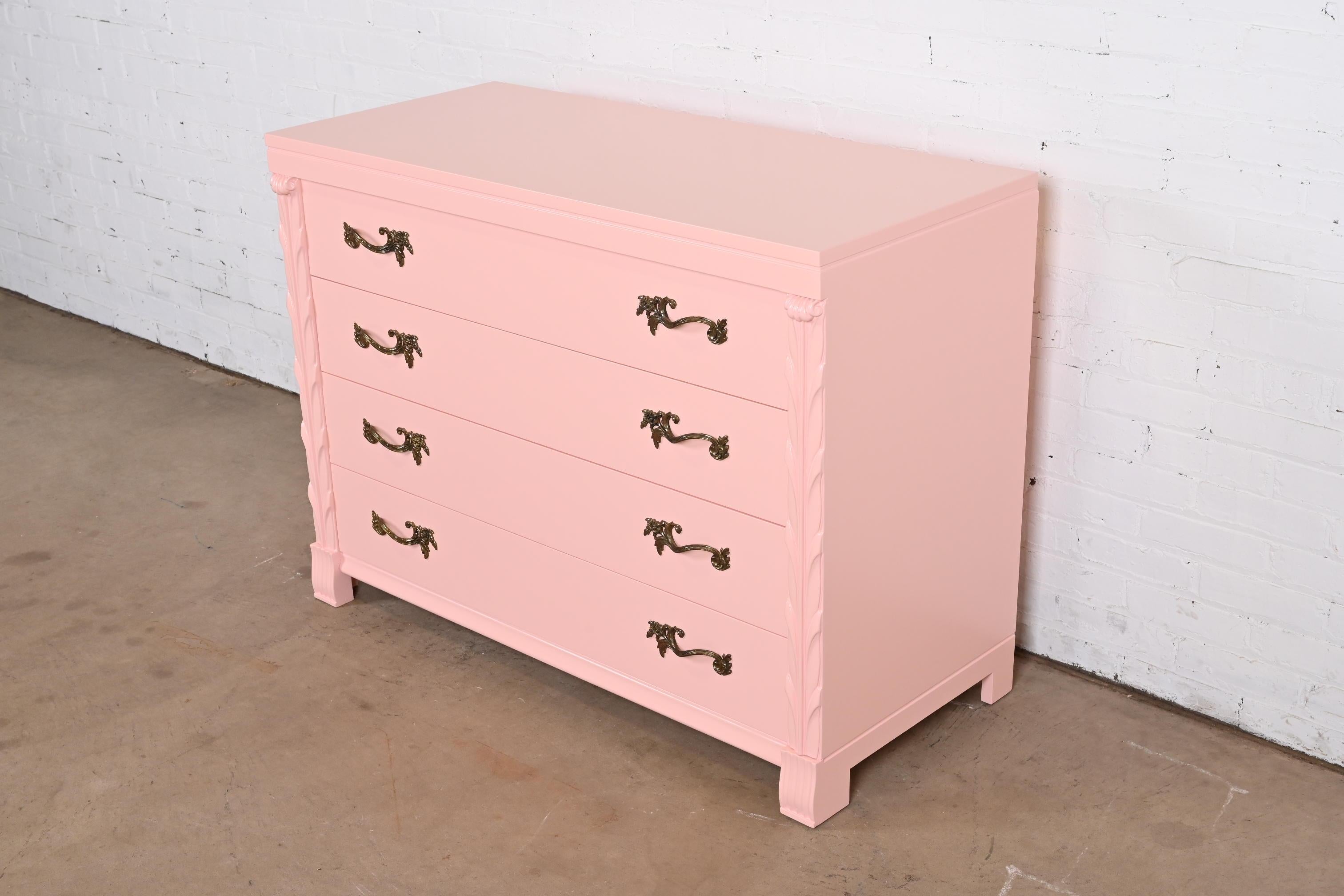 American John Stuart French Regency Pink Lacquered Dresser Chest, Newly Refinished