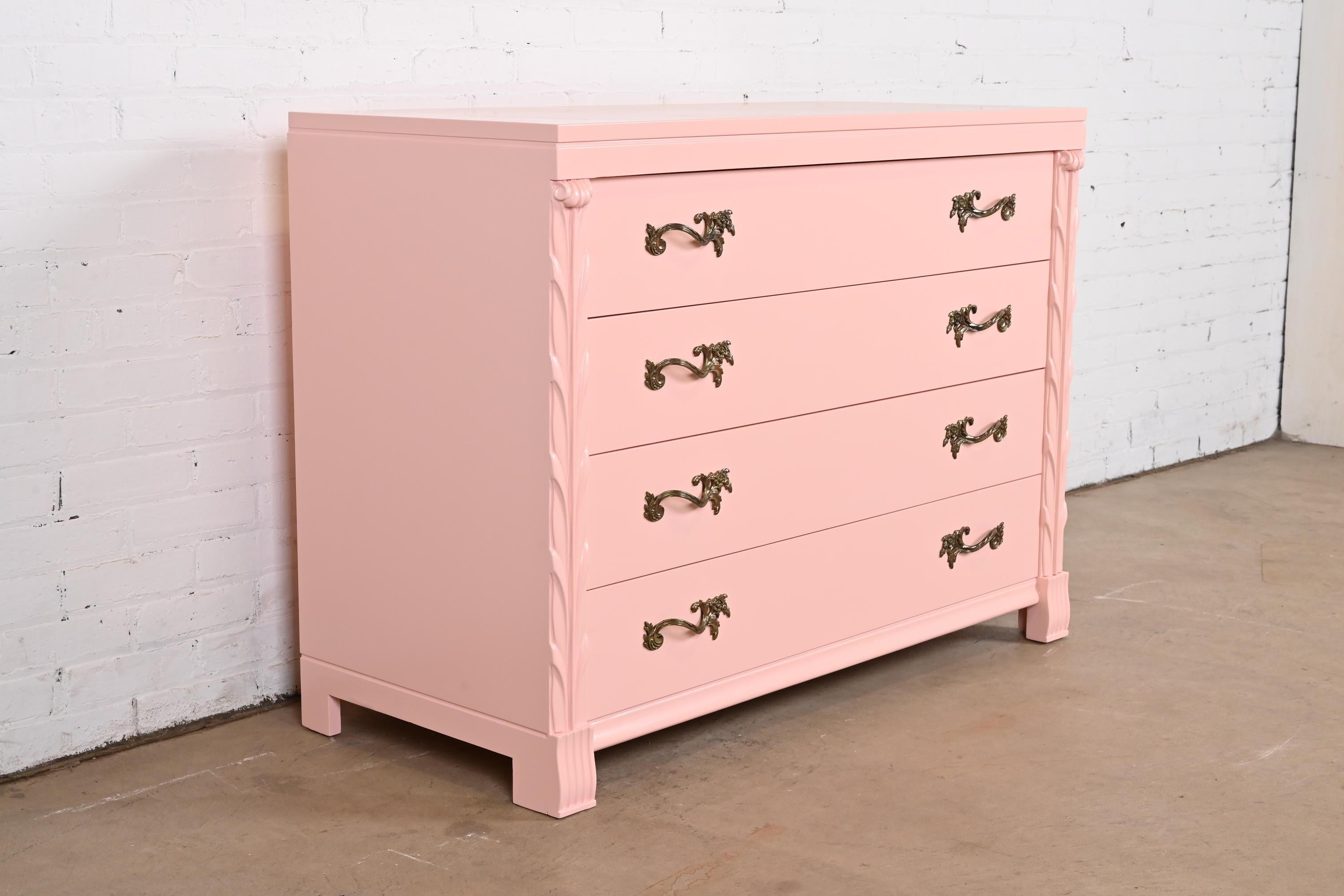 American John Stuart French Regency Pink Lacquered Dresser Chest, Newly Refinished For Sale